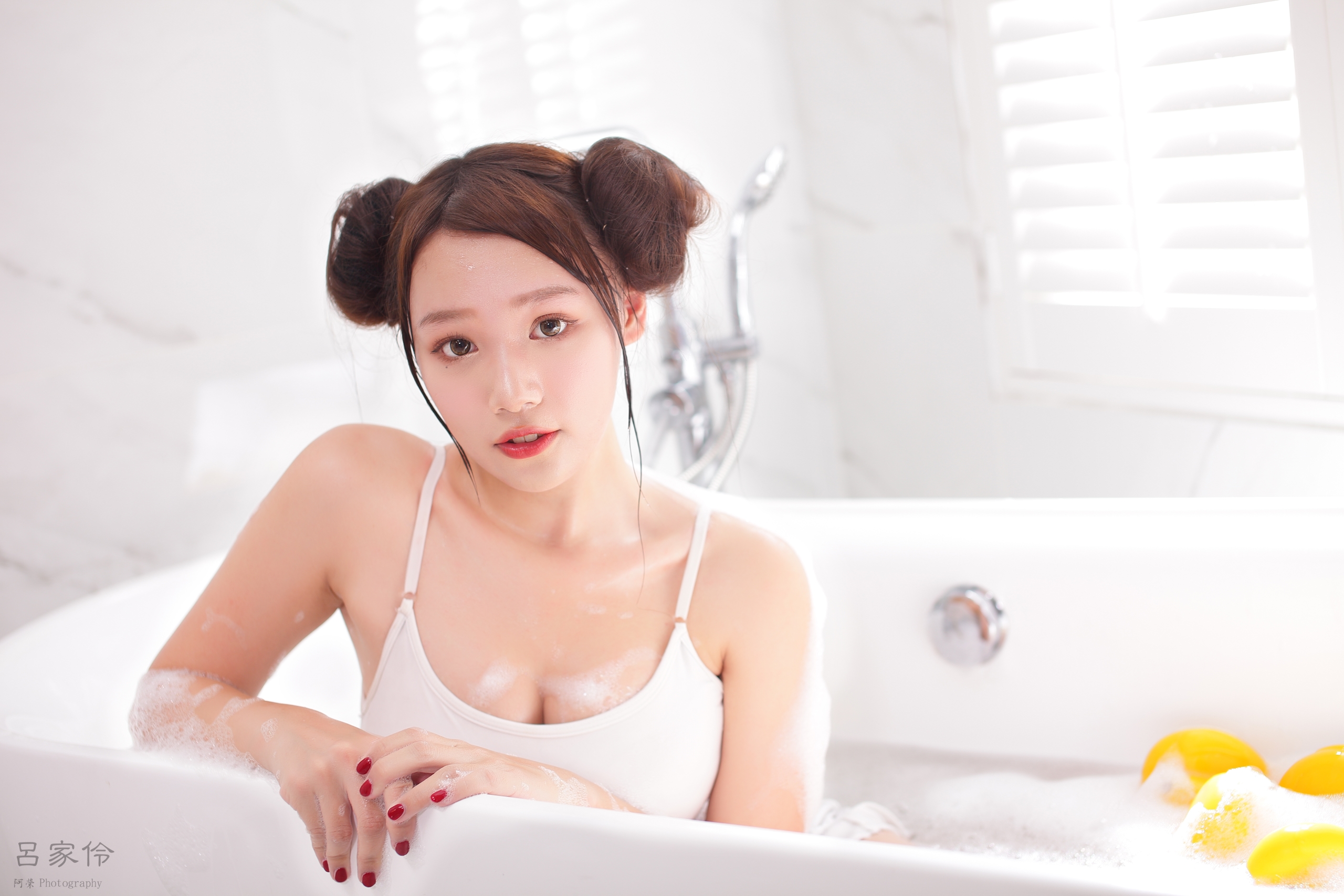Linnnng Women Model Asian Brunette Hairbun Looking At Viewer Parted Lips White Tops Tank Top Foam Ba 2560x1707