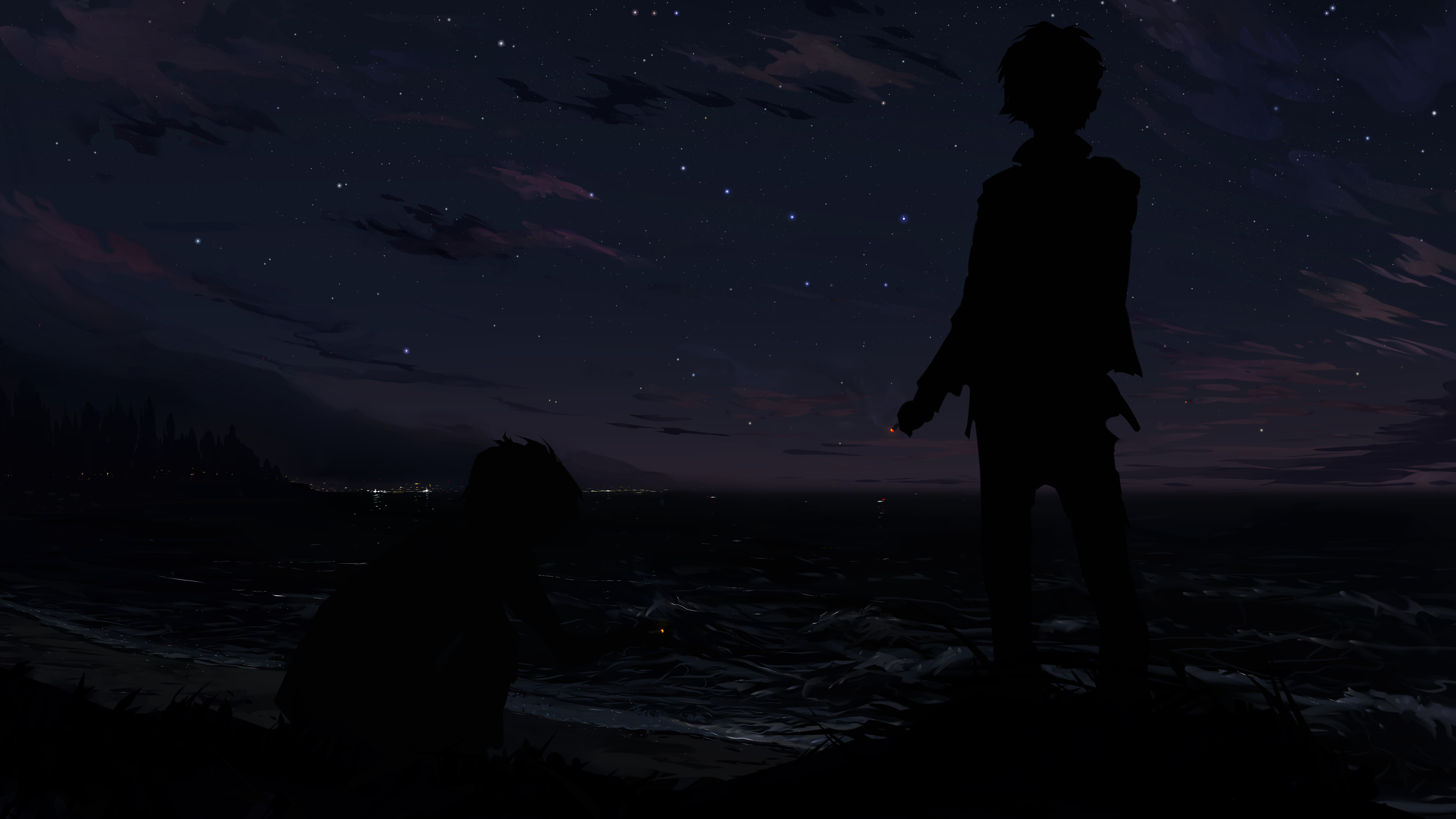 Digital Art Digital Painting Night Dark Silhouette Hangmoon Cigarettes Stars Sky Starry Night Beach  4500x2531