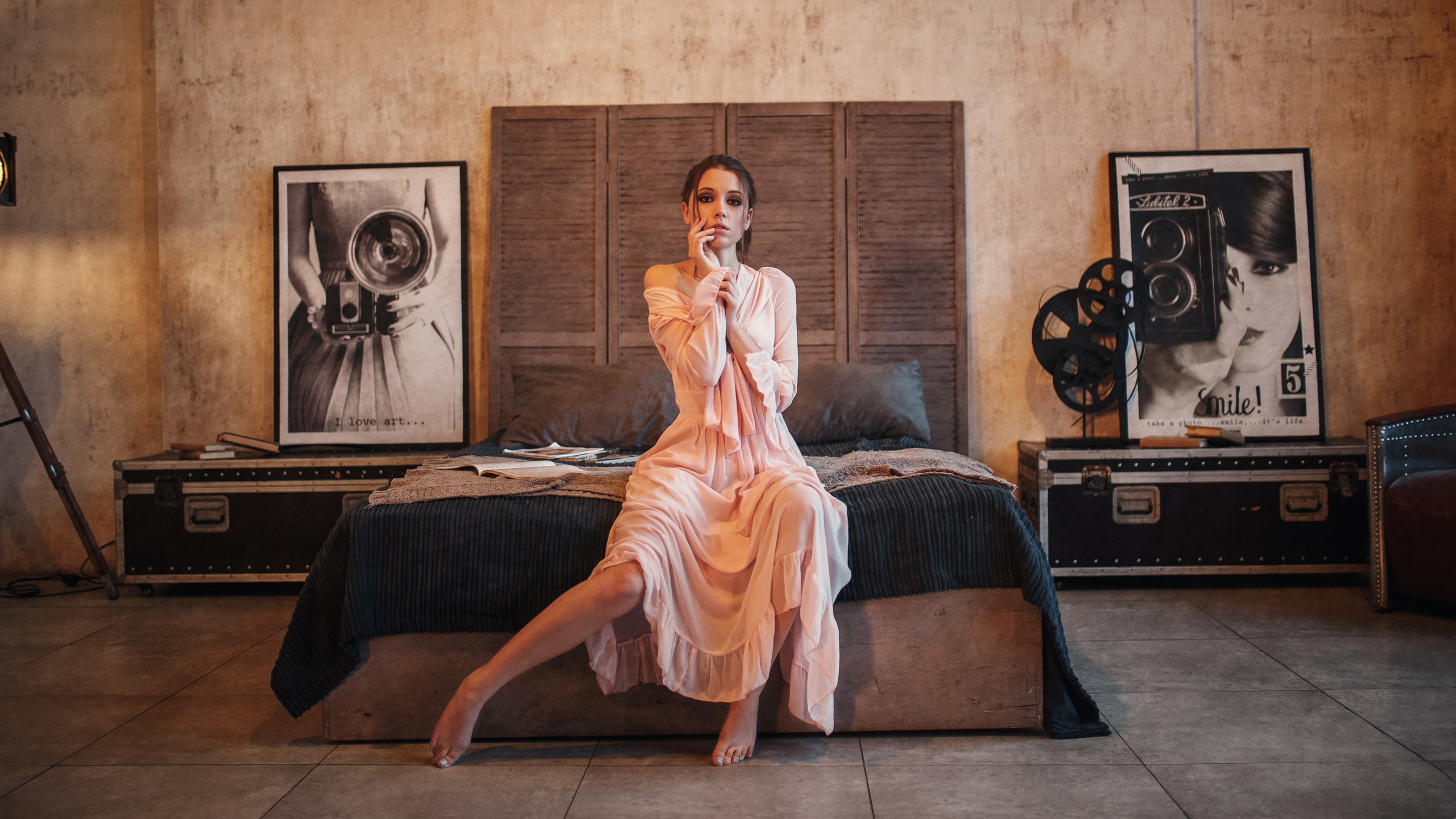 Alexey Kishechkin Women Ksenia Kokoreva Brunette Looking At Viewer Pink Dress Bed Barefoot 2560x1440