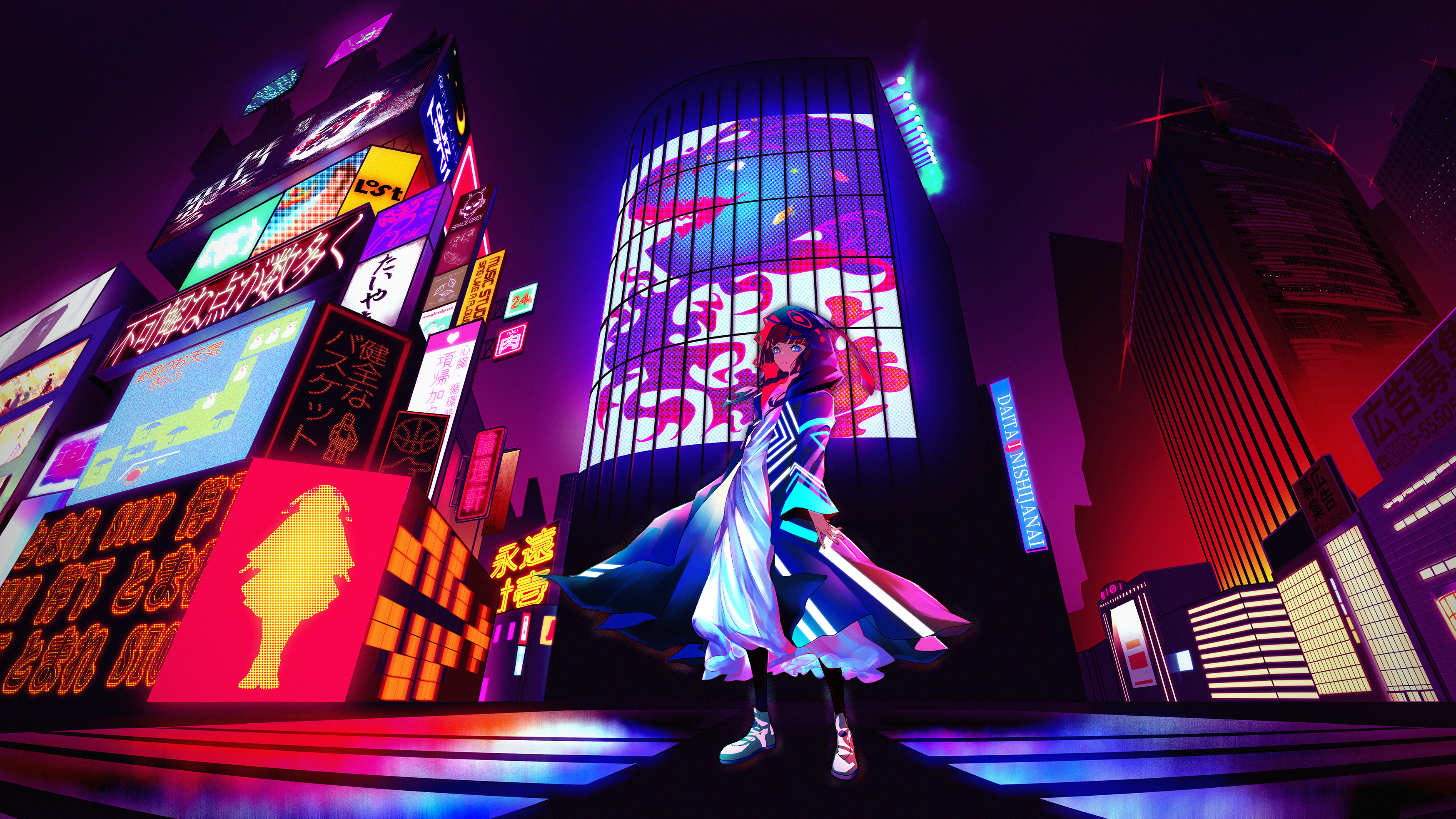 Anime Girls Night Light Effects Billboards Neon Hoods Sky Colorful 3496x1967