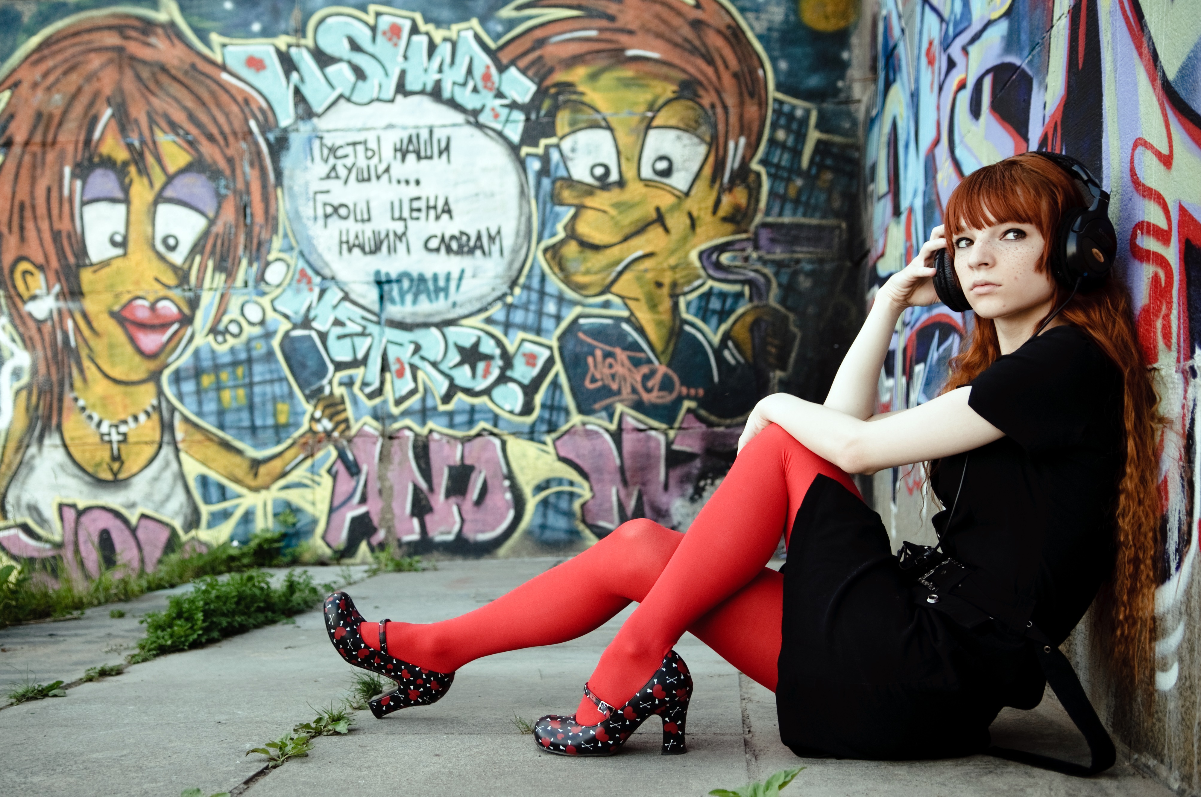 Girl Graffiti Headphones High Heels Long Hair Model Redhead Woman 4013x2665