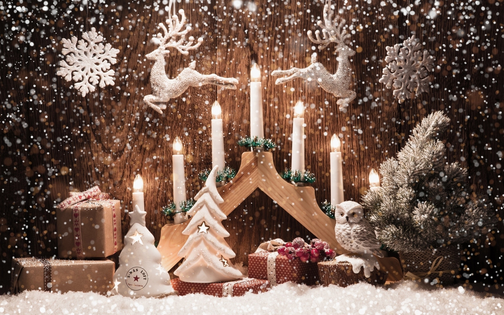 Candle Christmas Decoration Gift Owl Reindeer Snow Snowflake Tree 1920x1200
