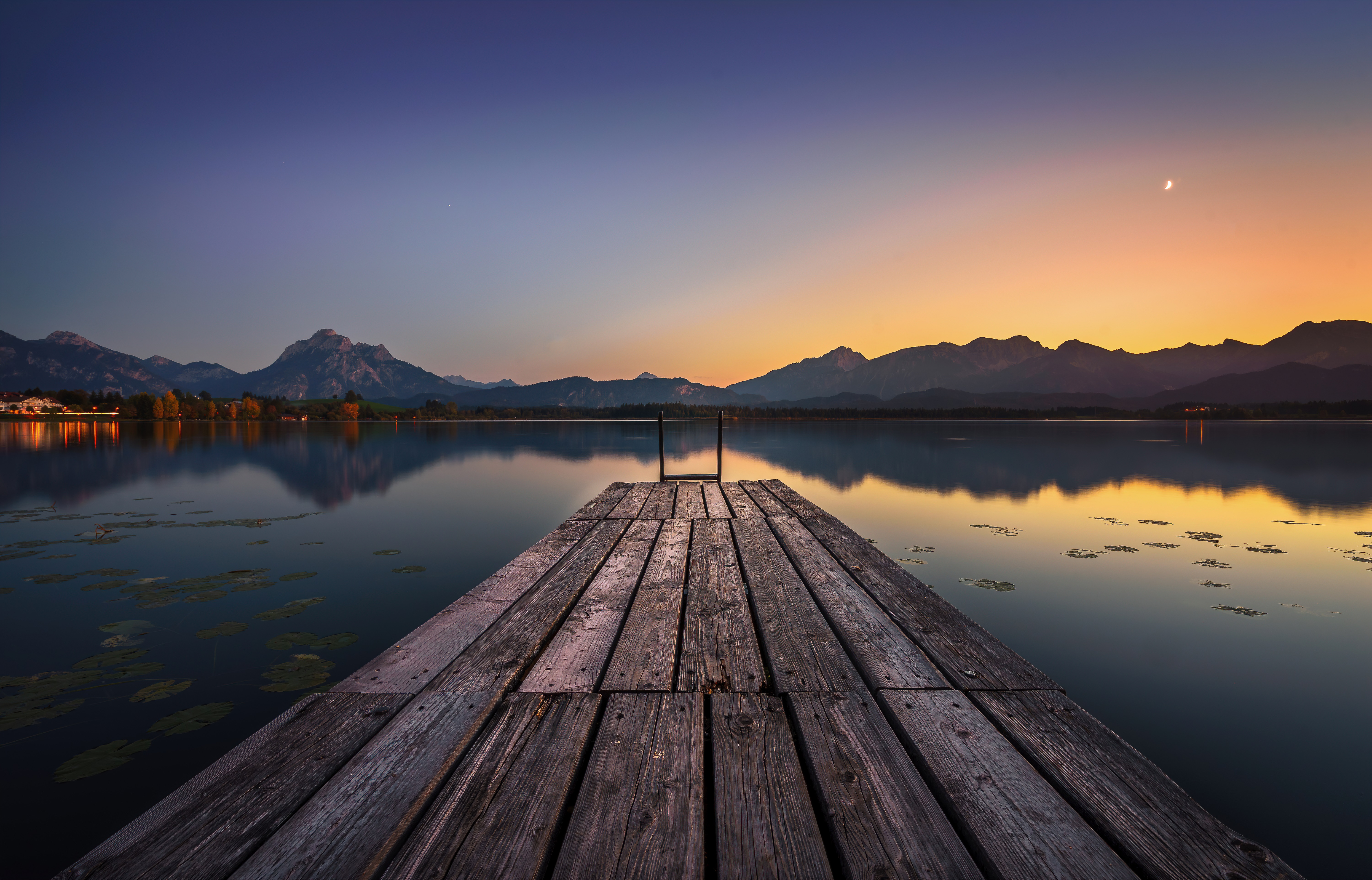 Timo Gebel Sunset Mountains Trees Water Pier Lily Pads Nature Outdoors Photography Ladder Reflection 6000x3851