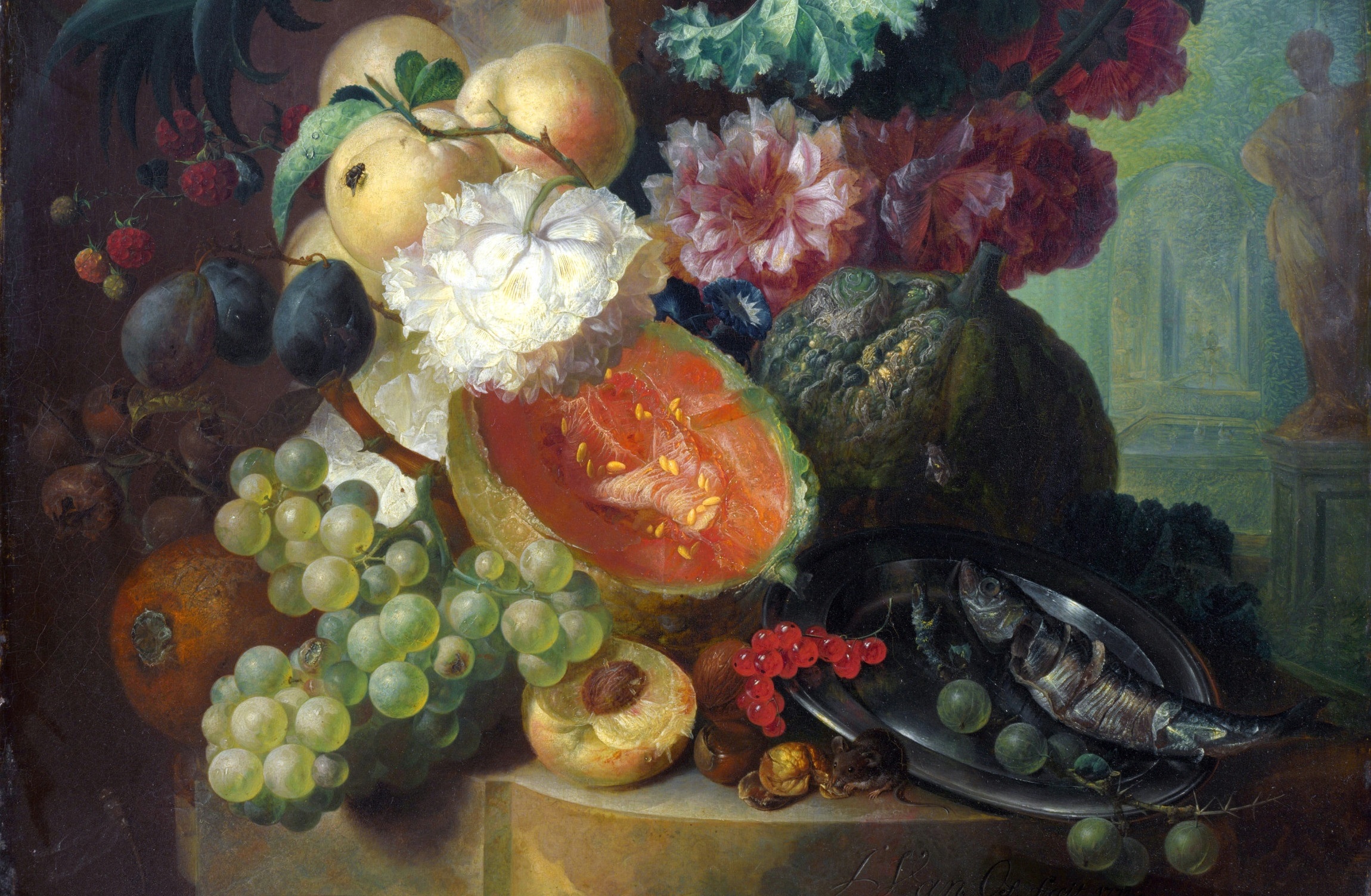 Fish Fruit Grapes Melon Painting 2300x1504