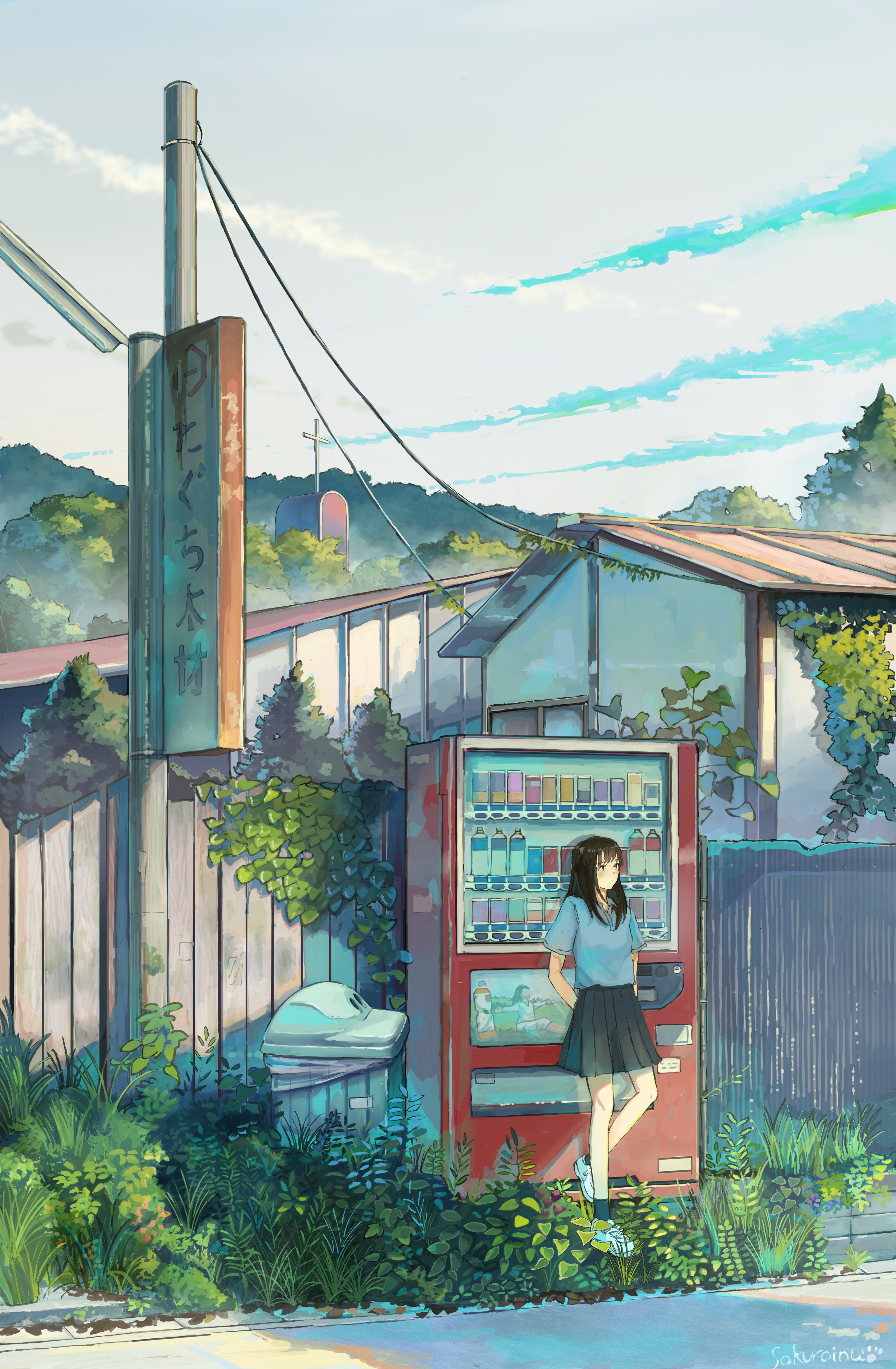 Anime Girls Anime Original Characters Street Village Vending Machine Brunette Sky Vertical Artwork D 3069x4688