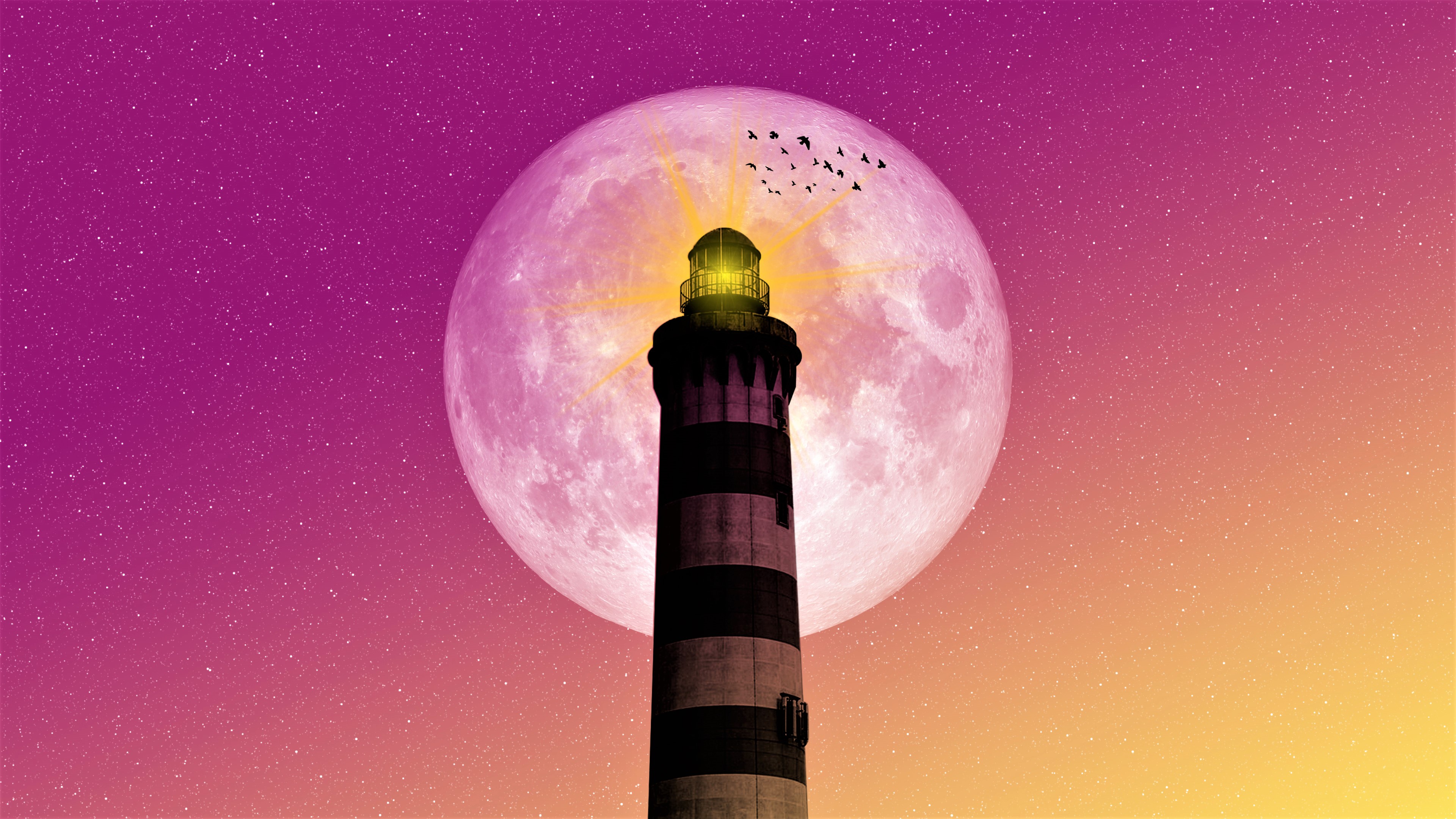 Bird Light Lighthouse Moon Stars 3840x2160