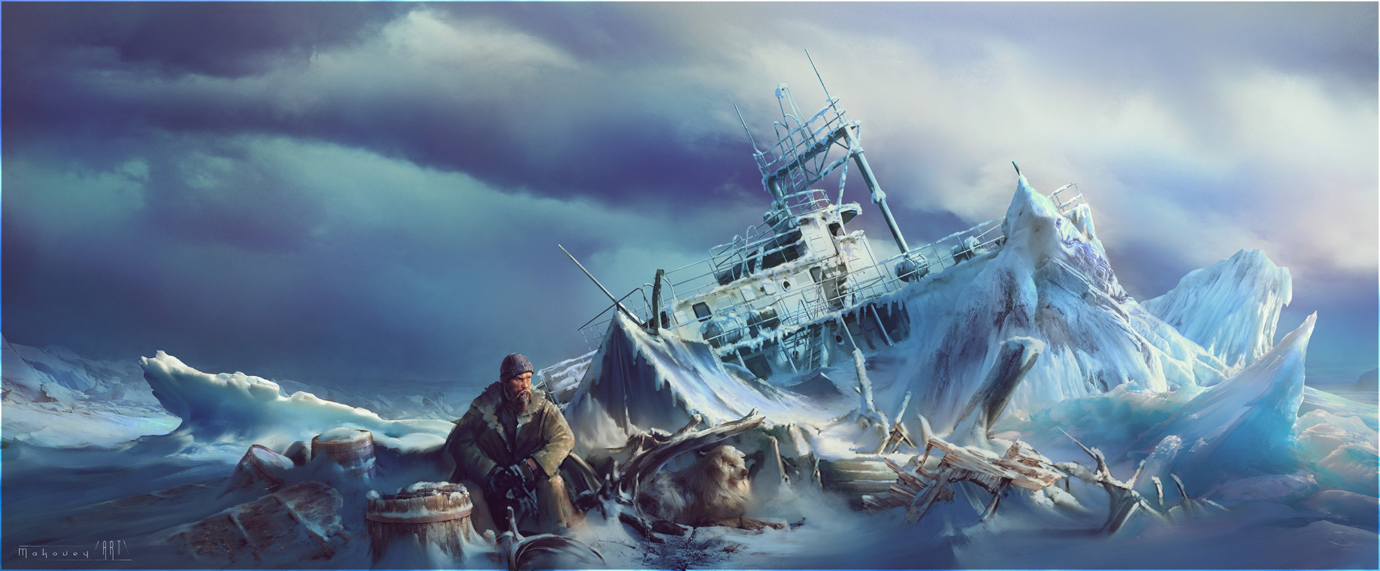 Mark Makovey ArtStation Artwork Men Wreck Arctic Dog Ship 2000x828