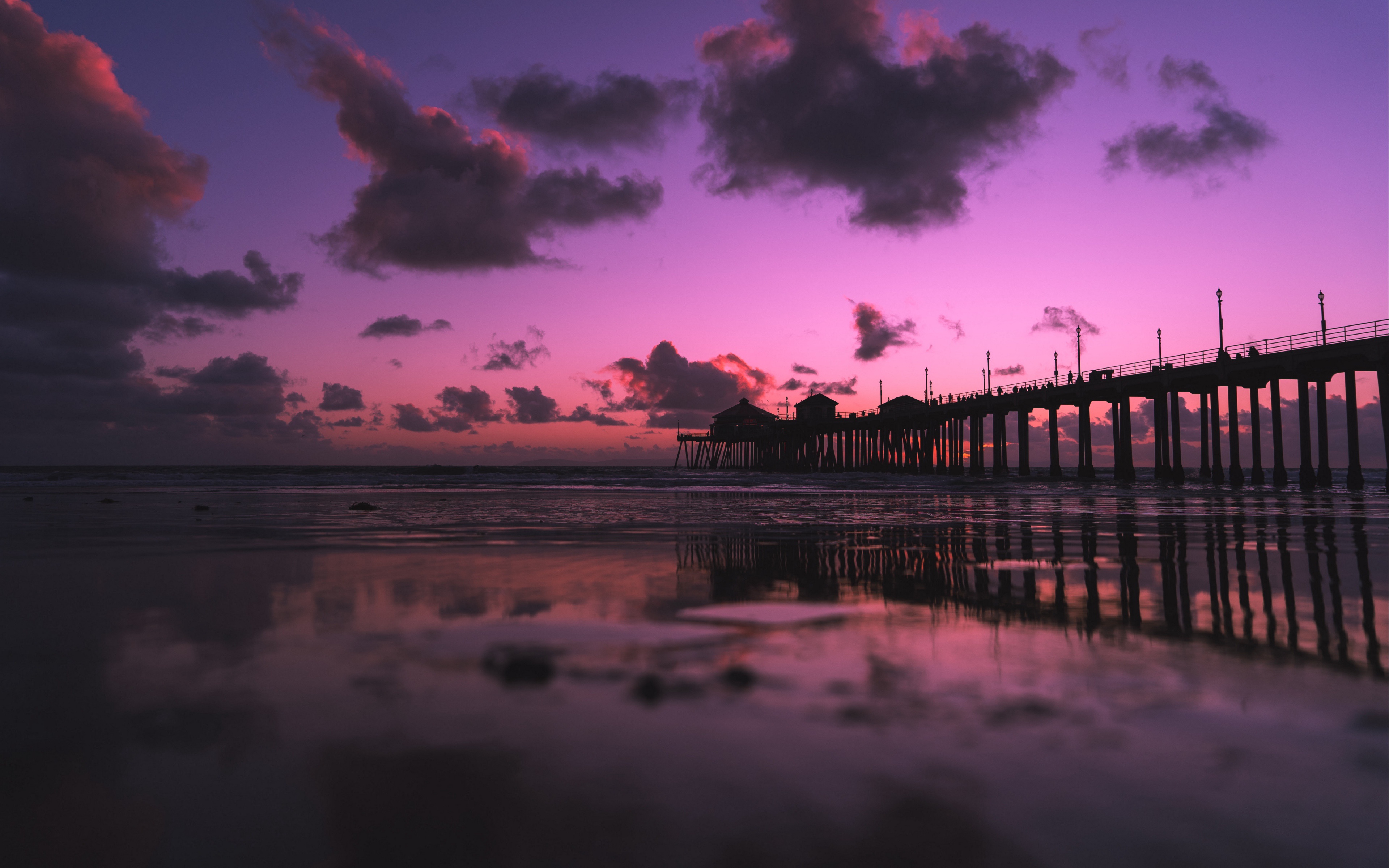 Cloud Horizon Ocean Pier Reflection Sunset 3840x2400