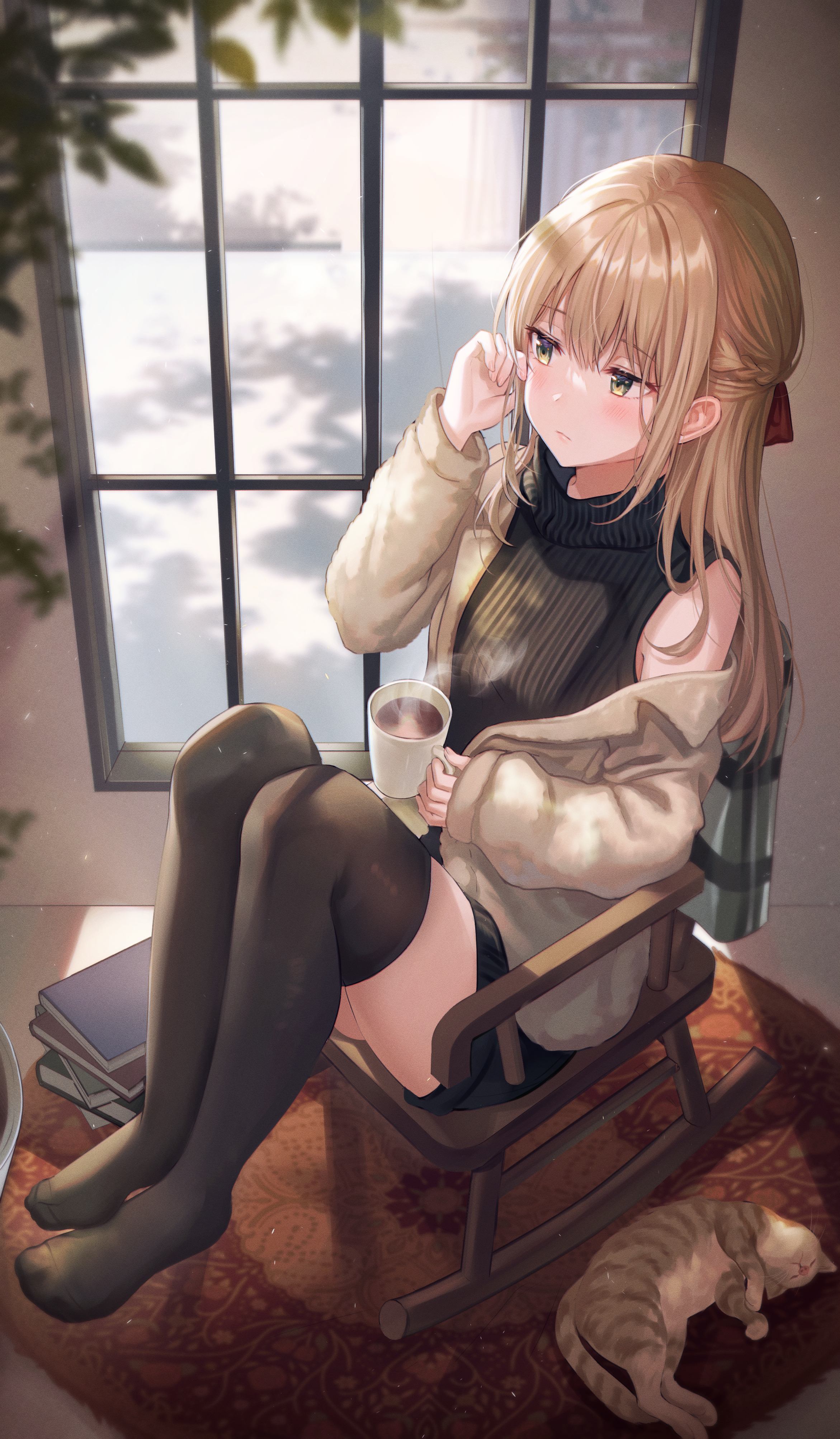 Anime Anime Girls Indoors Window Blonde Sitting Cup Chair Cats Animals Mammals Legs Knees Together T 2342x4010