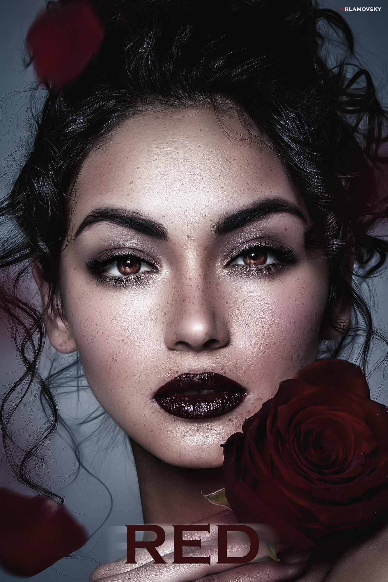 Arlamovsky Petals Rose Women Women Indoors Photography Simple Background Eyes Brunette Red Lipstick  1333x2000