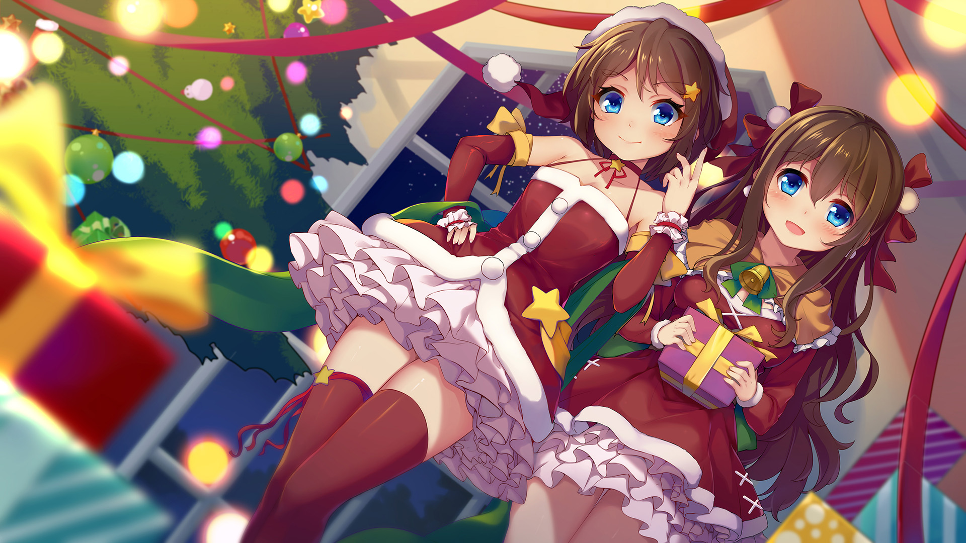 Anime Girls Santa Costume Christmas Tree Nerv110 Christmas Presents Thigh Highs Santa Girl Brunette  1920x1080