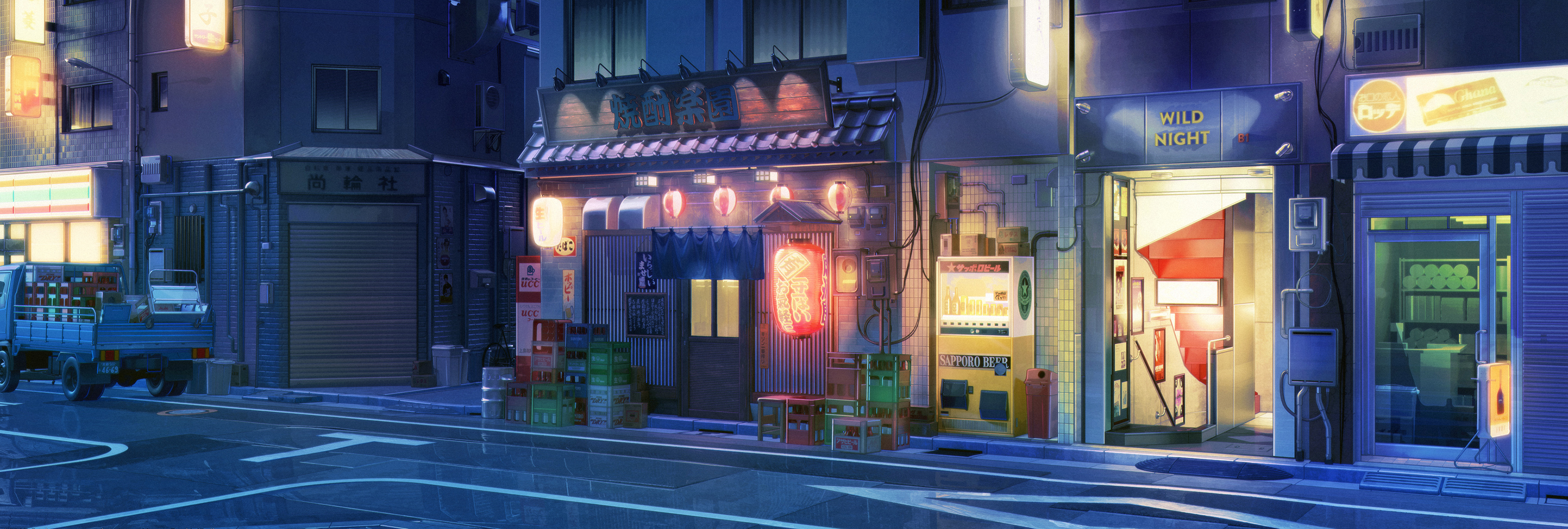 Visual Novel Landscape Background Art Street Japan Shop ArseniXC Night Light Effects Love Money Rock 2990x1008