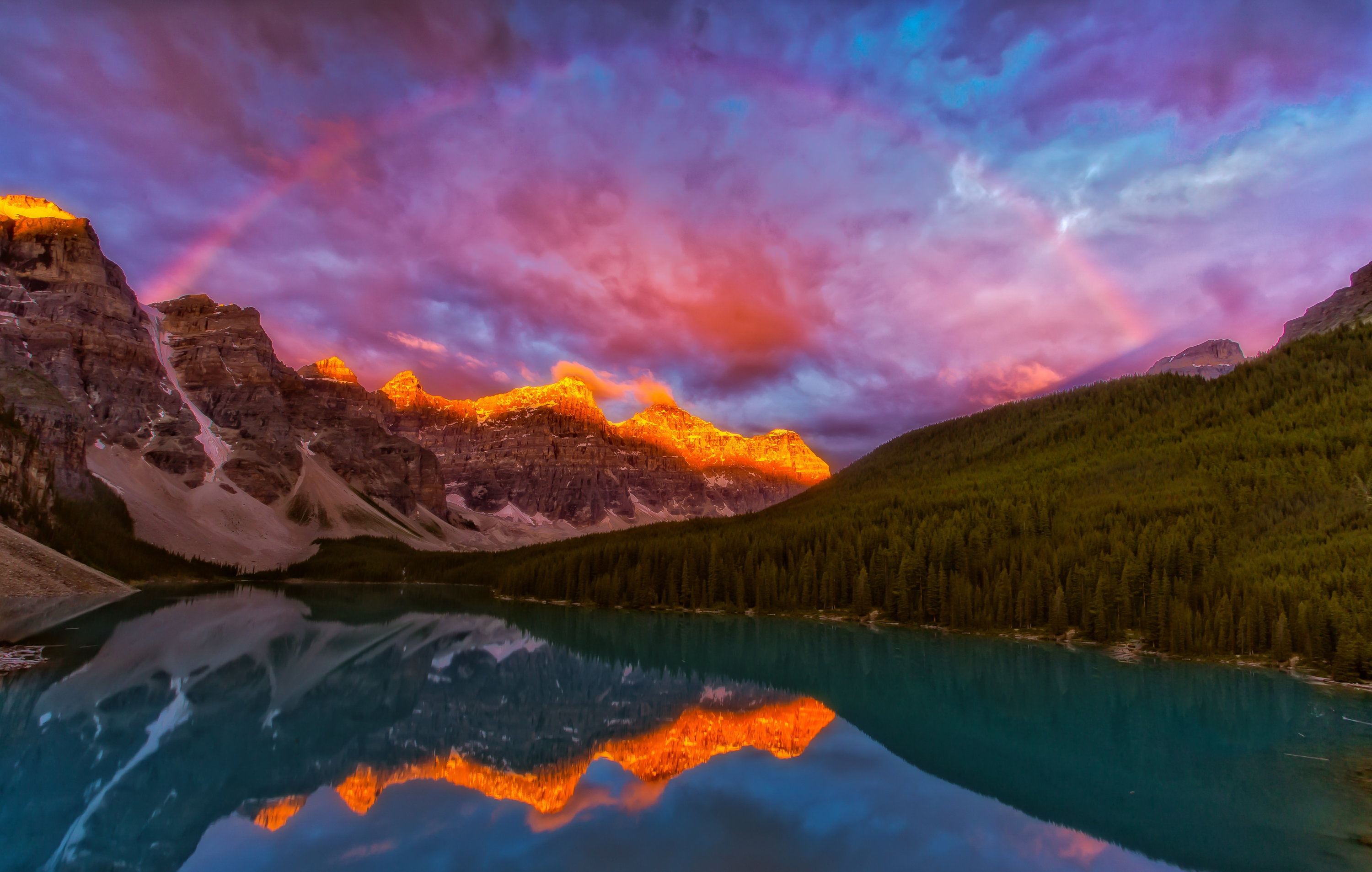Alberta Canada Forest Lake Landscape Mountain Rainbow Sunset 3000x1907