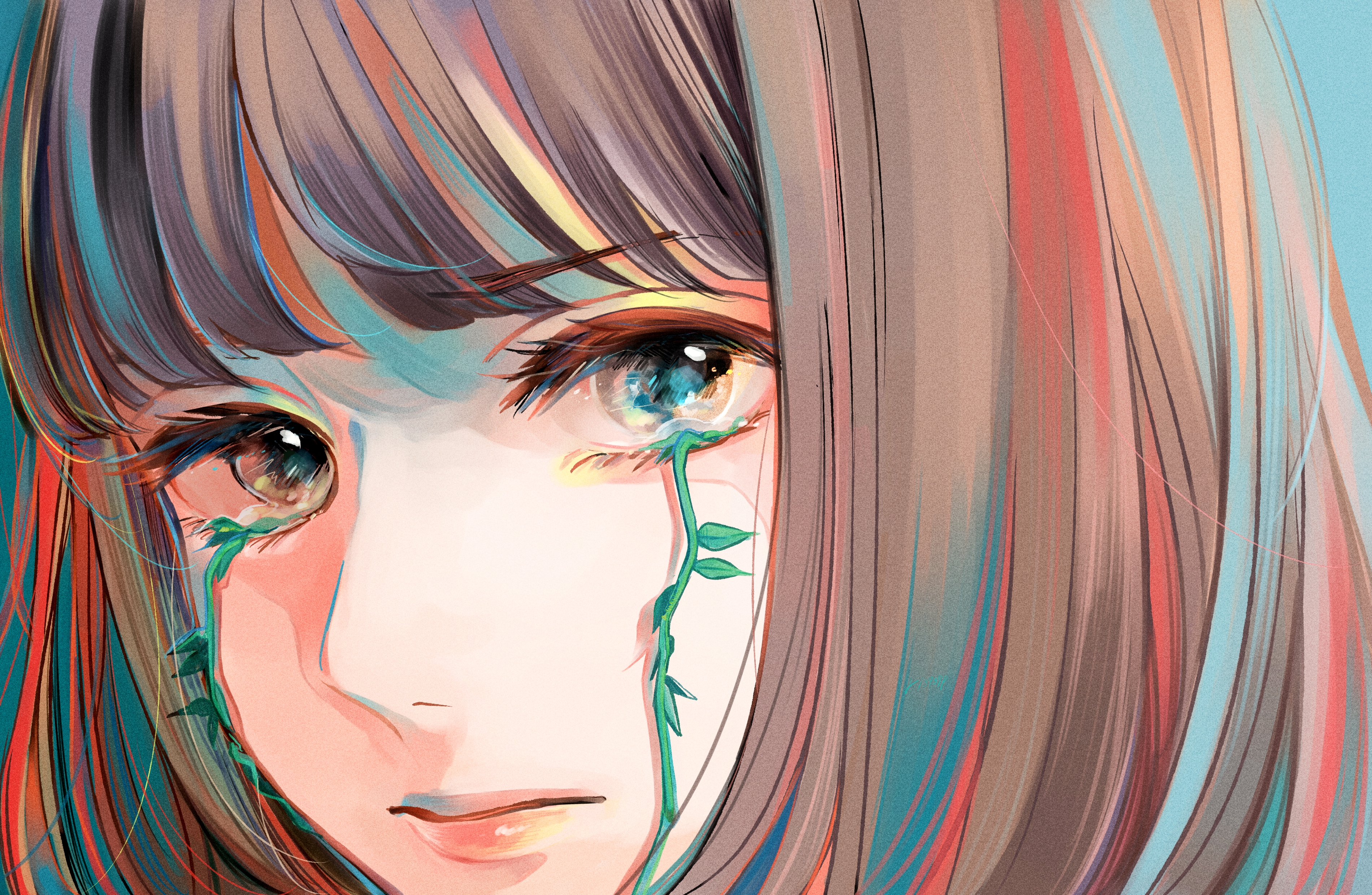 Anime Anime Girls Crying Plants Brunette Blue Eyes Polychromatic Multi Colored Hair Tears Vines Rich 3800x2480