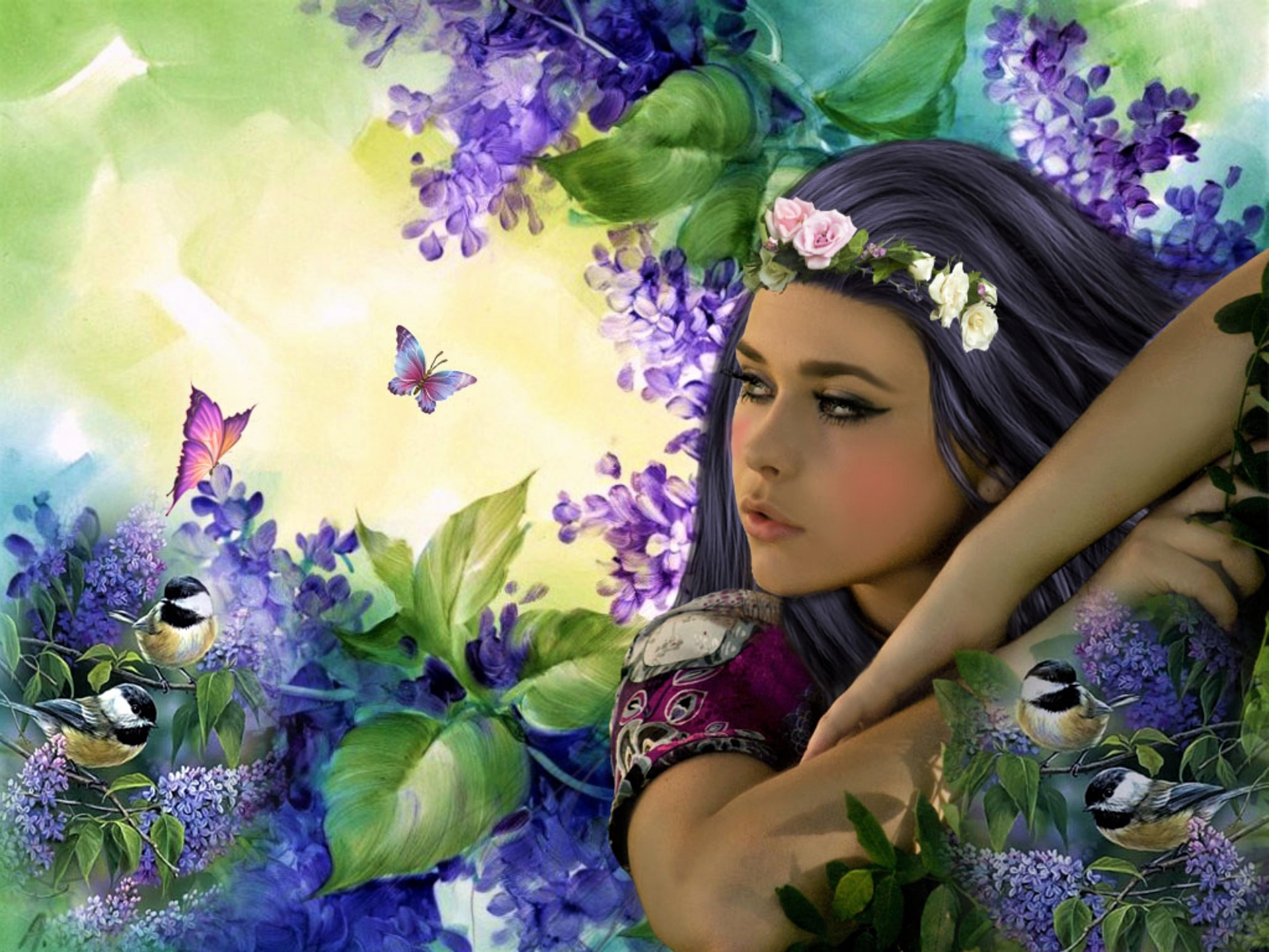 Artistic Bird Fantasy Garden Girl Lilac Woman 1920x1440