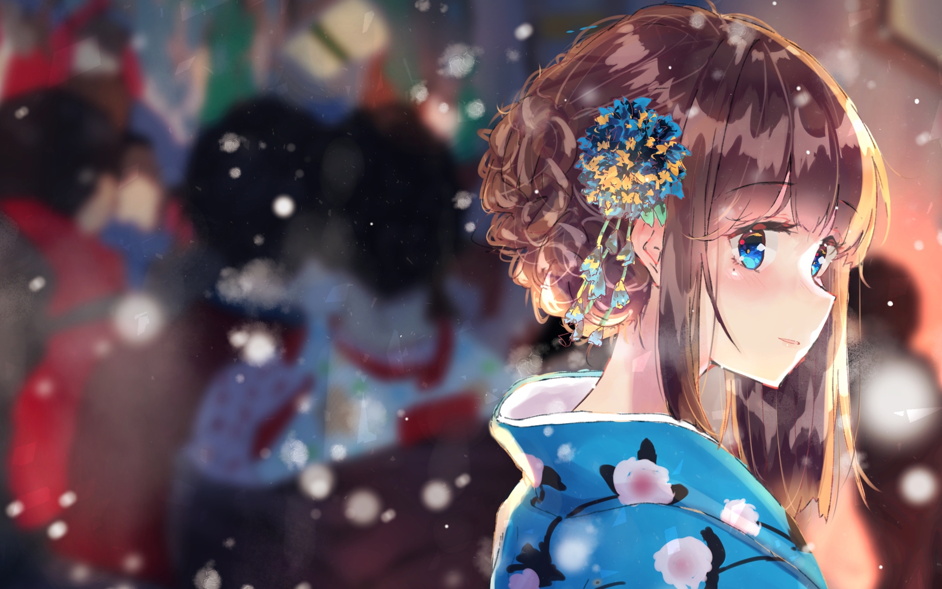 Anime Girls Kimono Chignon Snow Winter Blue Eyes Brunette Hatago 1920x1200