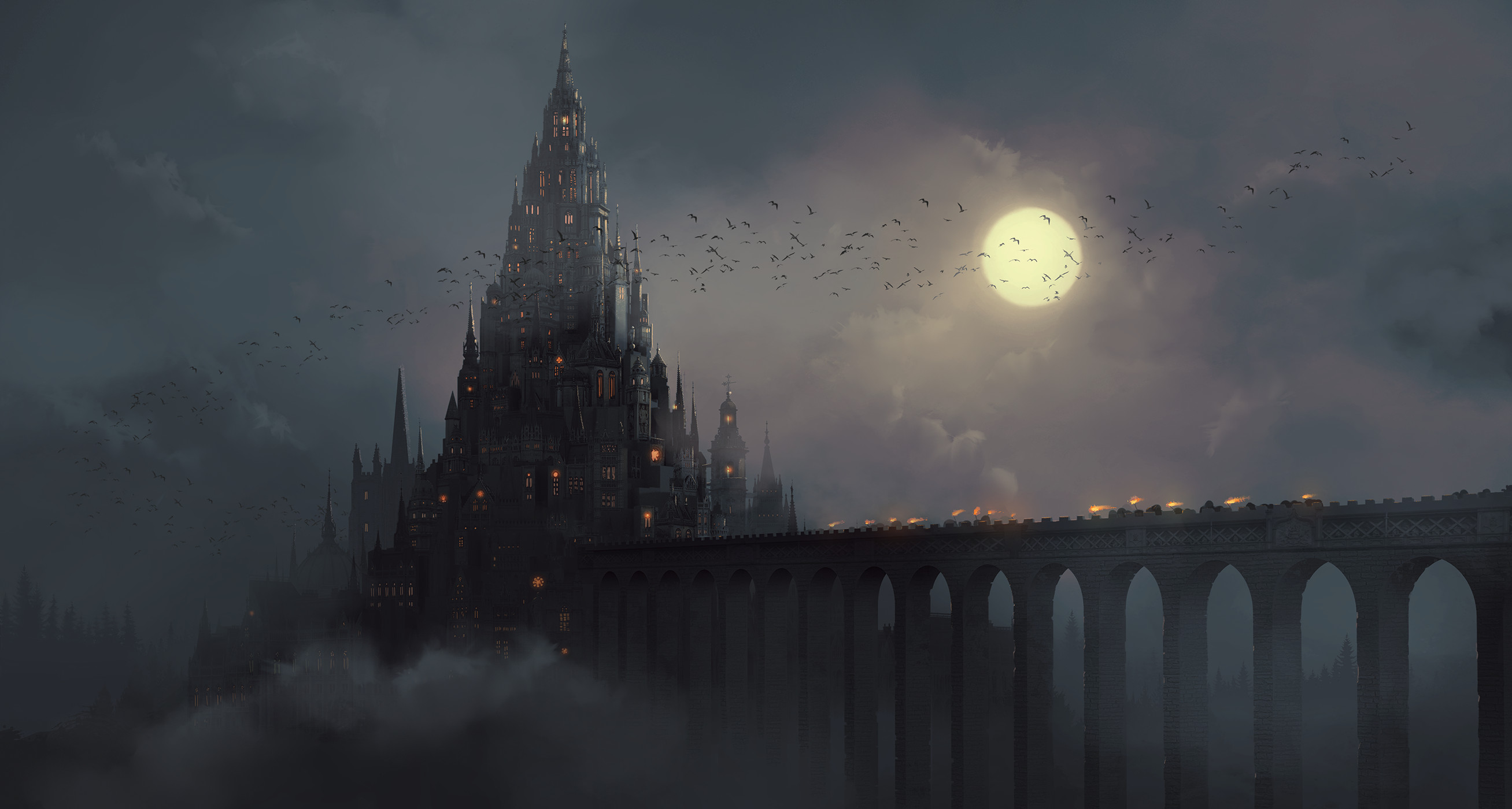 Jeff Miller Clouds Moon Birds Flying Night Mist Smoke Castle Bats Bridge Digital Art Artwork Lights  2615x1400