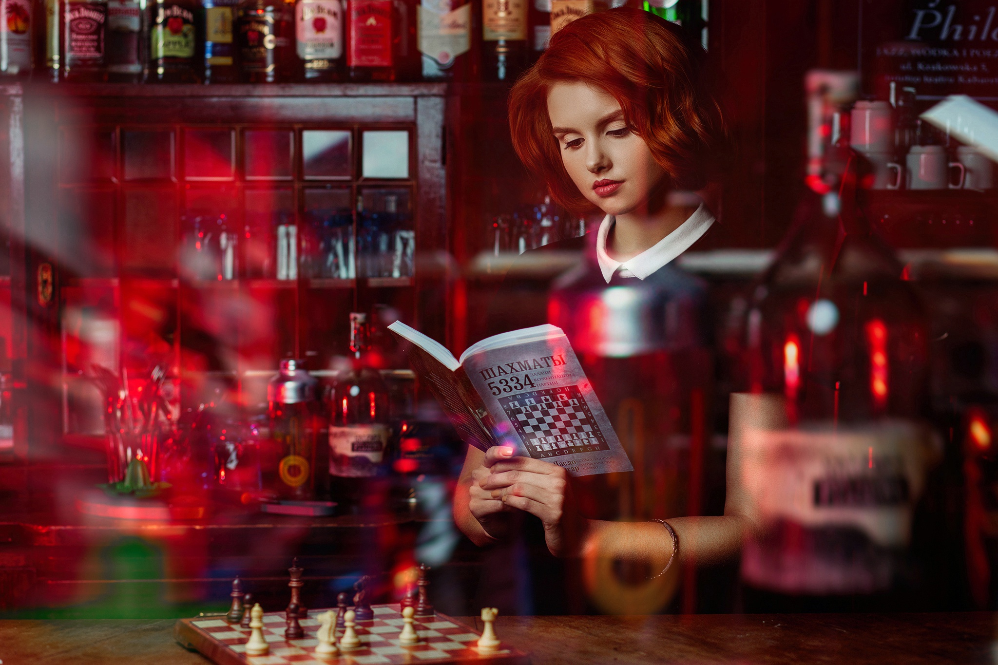 Women Indoors Chess Women Indoors Reading Books Dyed Hair Redhead Board Games Makeup Numbers Red Lip 2048x1365