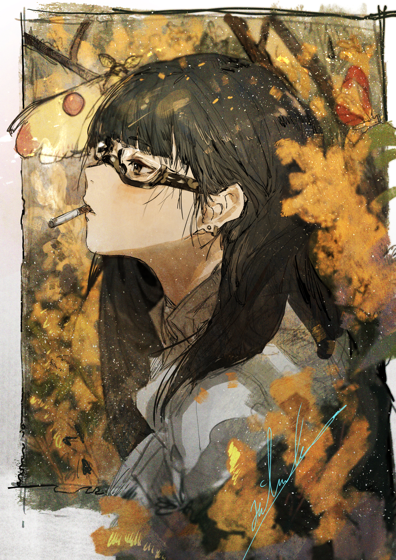 Anime Anime Girls Original Characters Glasses Smoking Vertical Hirannko Dark Hair Black Hair 1302x1842