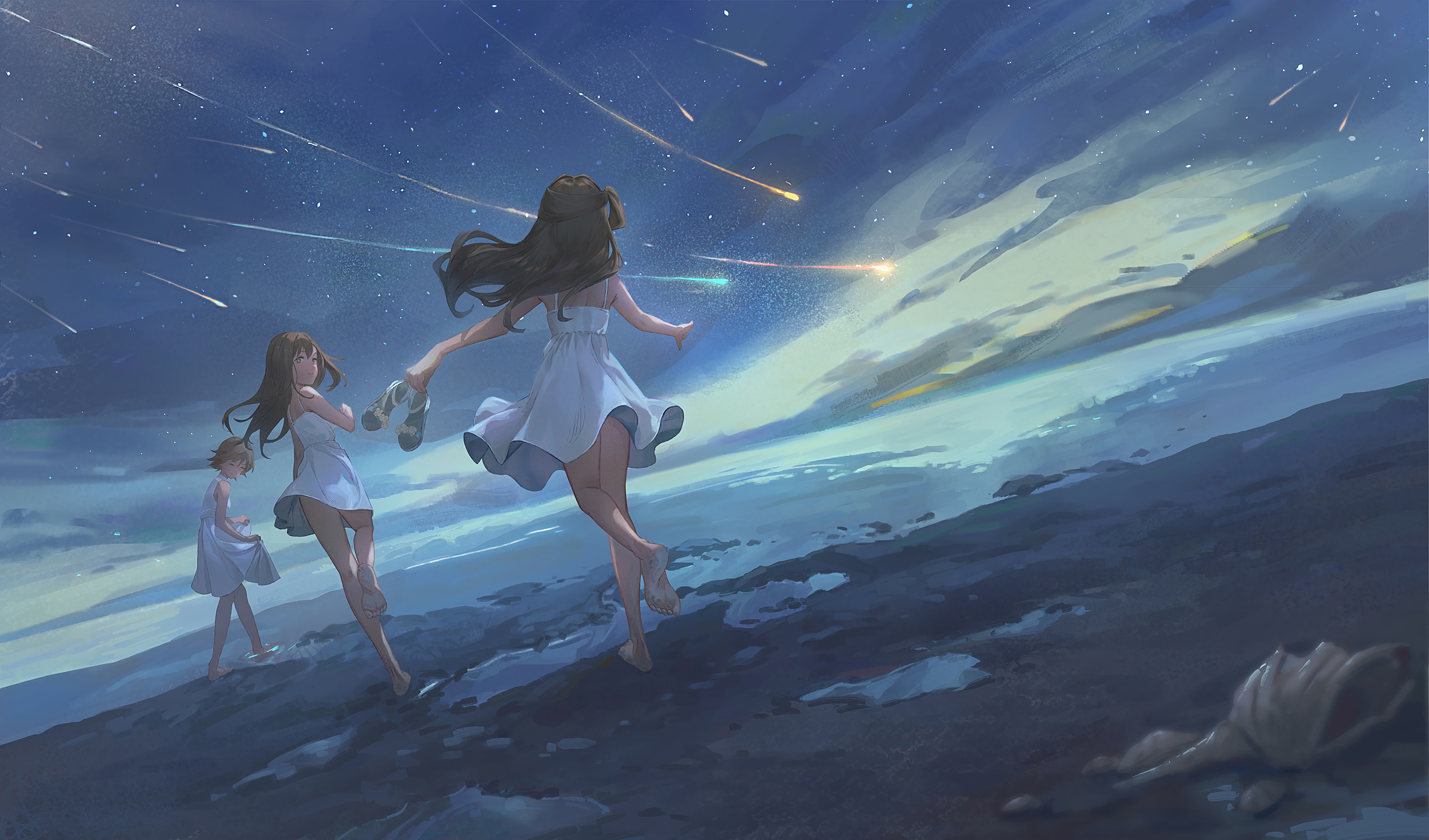 Barefoot Walking Anime Girls THE IDOLM STER Holding Clothes Night Night Sky Shooting Stars Starry Ni 5100x3000