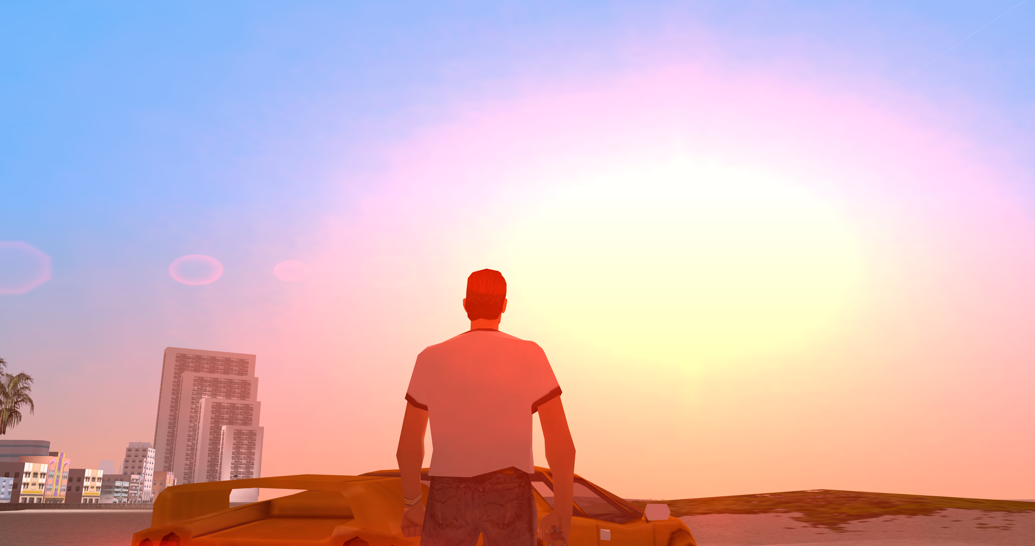 Grand Theft Auto Vice City Sunset Sun Rays Tommy Vercetti Lamborghini Diablo Building Beach Yellow C 3588x1892