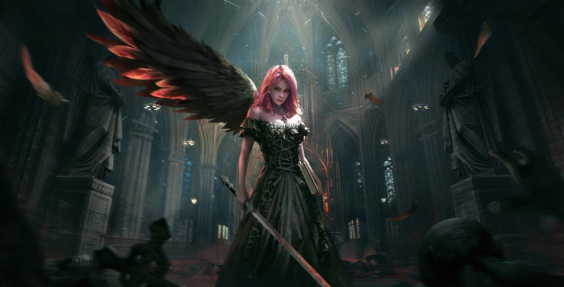 Angel Cathedral Church Dark Fallen Angel Fantasy Girl Pink Hair Sword Wings Woman 1920x977