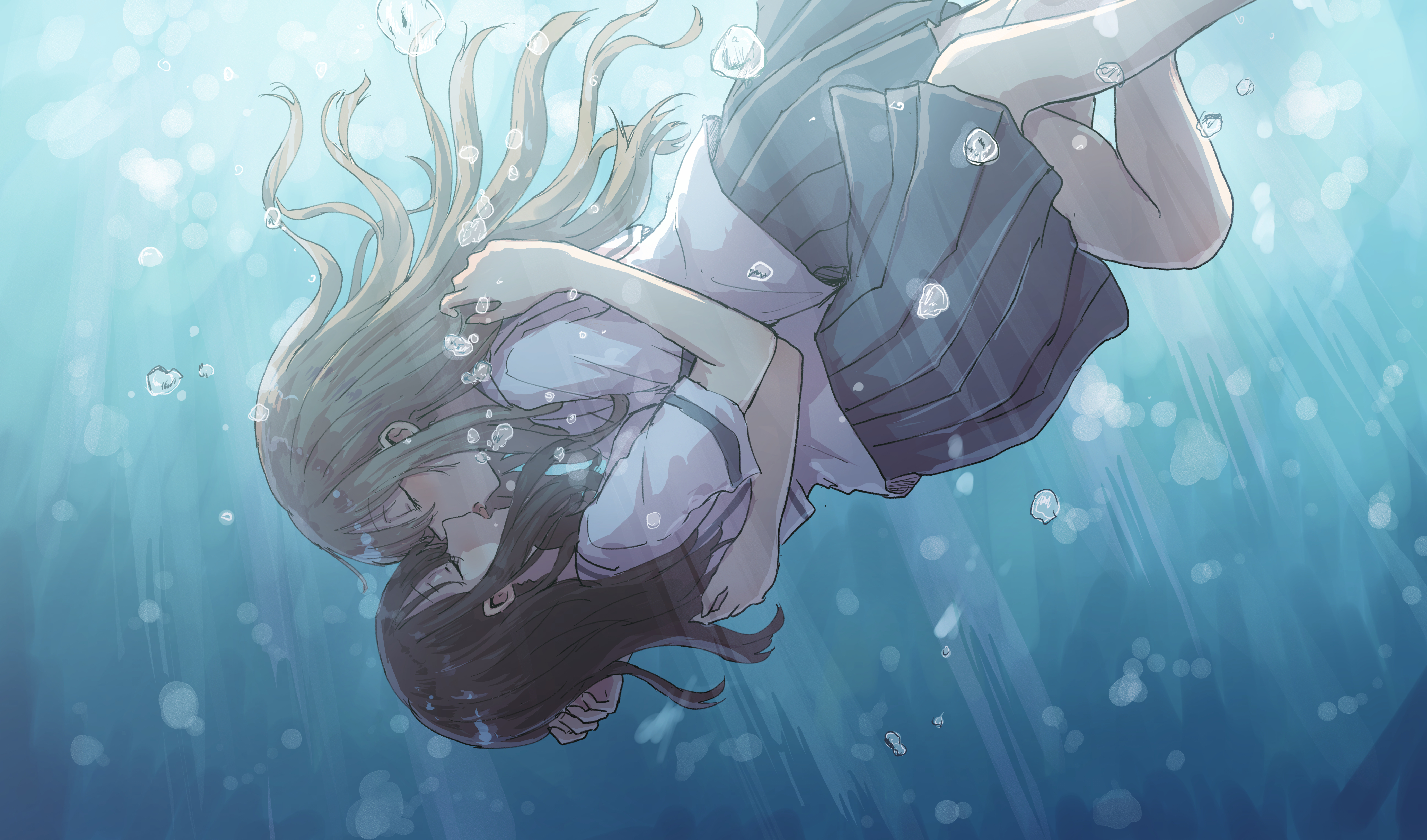 Anime Girls Love Kissing School Uniform Water Original Characters Betock Underwater 5546x3267