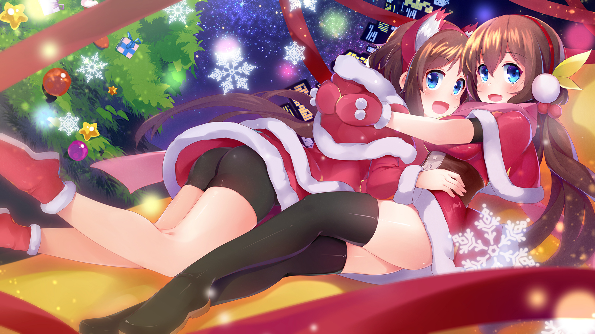 Anime Girls Santa Costume Christmas Tree Nerv110 Couple Thigh Highs Bike Shorts Santa Girl Brunette  1920x1080