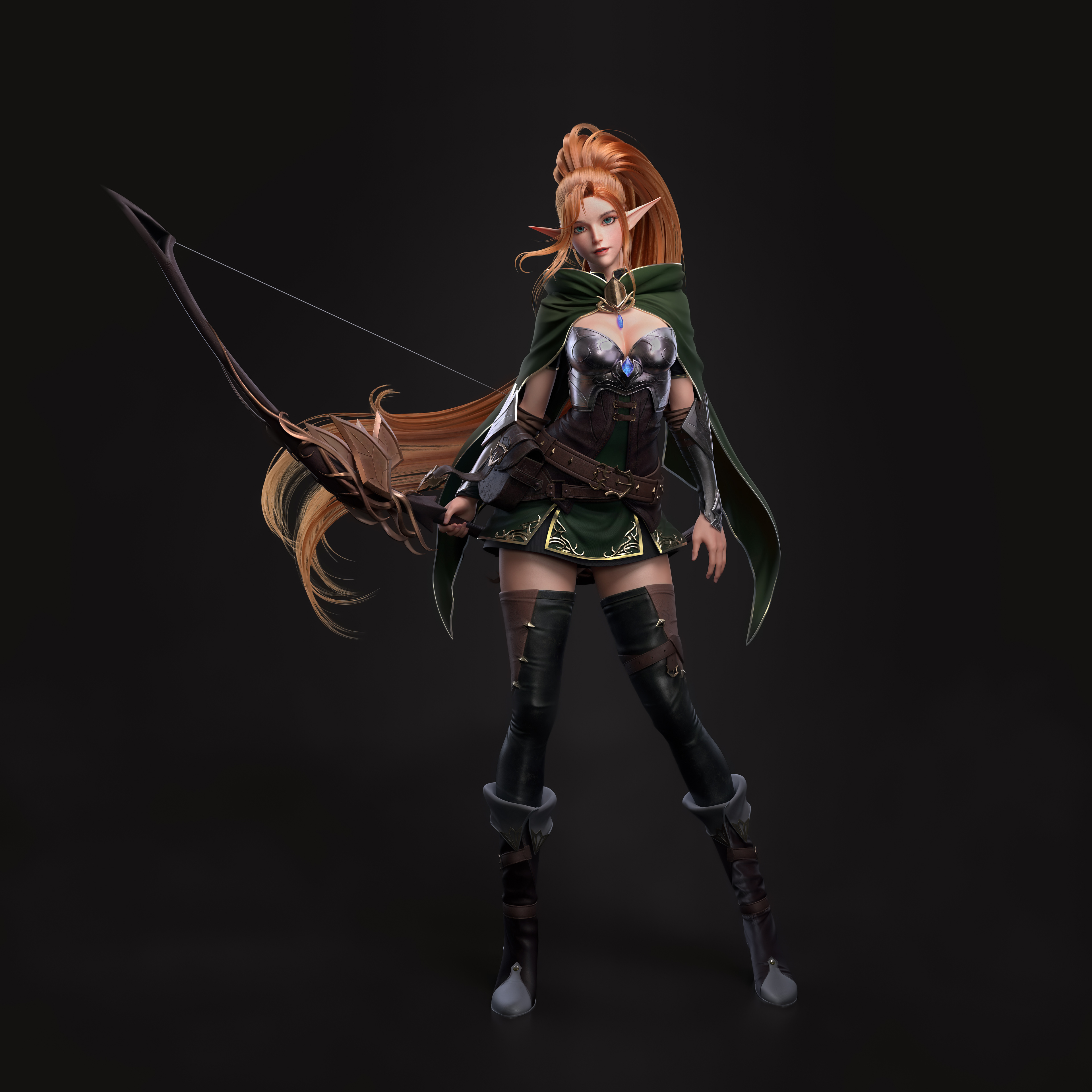 Cifangyi CGi Women Elves Archer Redhead Long Hair Ponytail Pointy Ears Cape Green Clothing Bow Belt  3840x3840