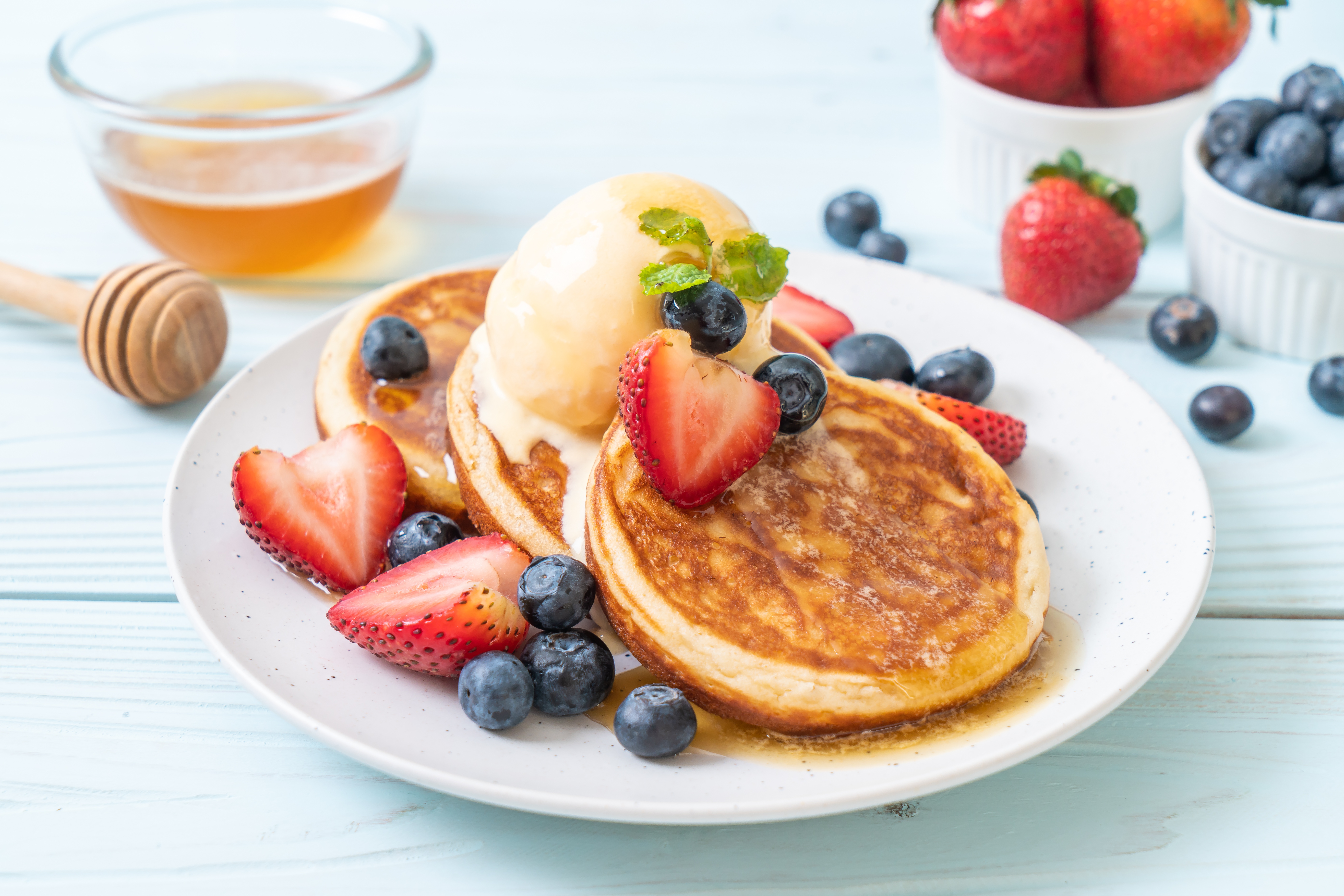Berry Blueberry Breakfast Fruit Pancake Still Life Strawberry 7952x5304