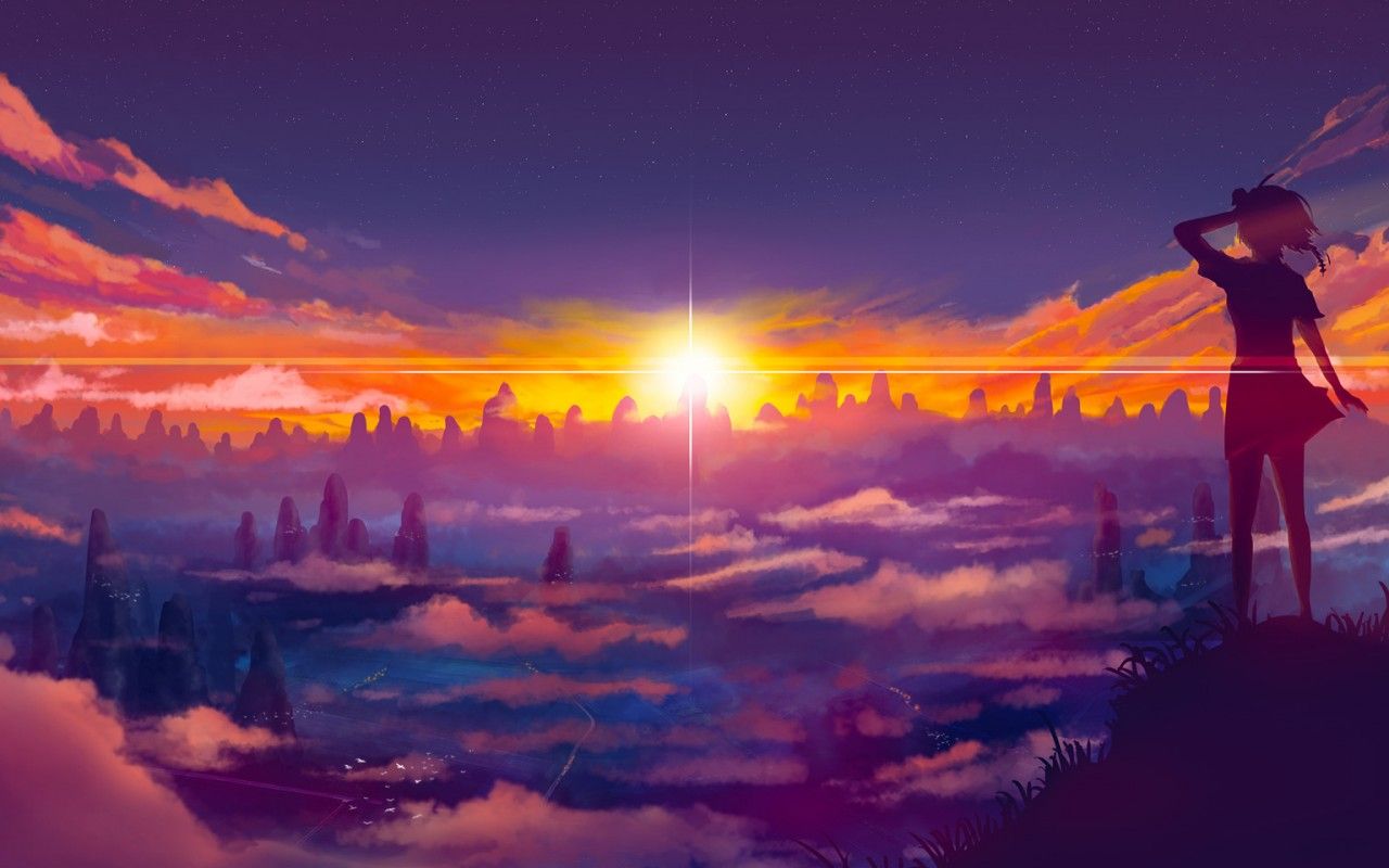 Anime Girls Sunrise Landscape 1280x800
