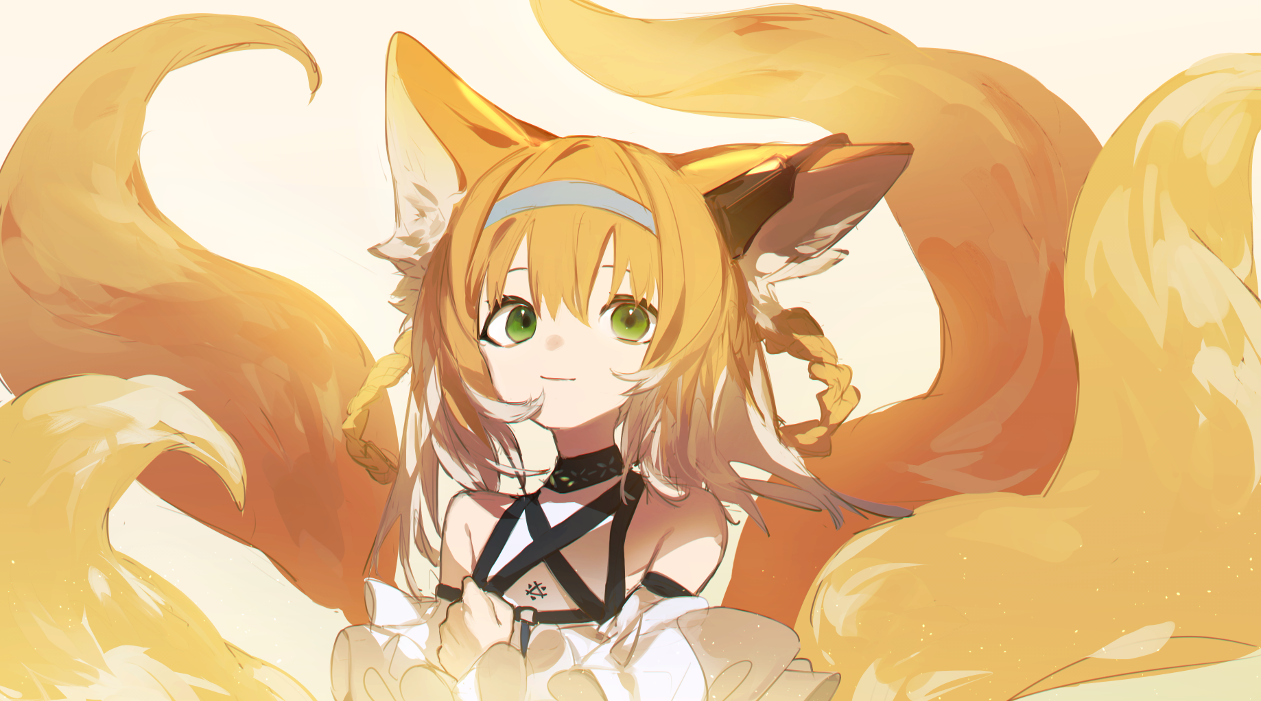 Anime Anime Girls Simple Background Arknights Aonogura Fox Ears Fox Tail Fox Girl Green Eyes Blonde  1838x1022