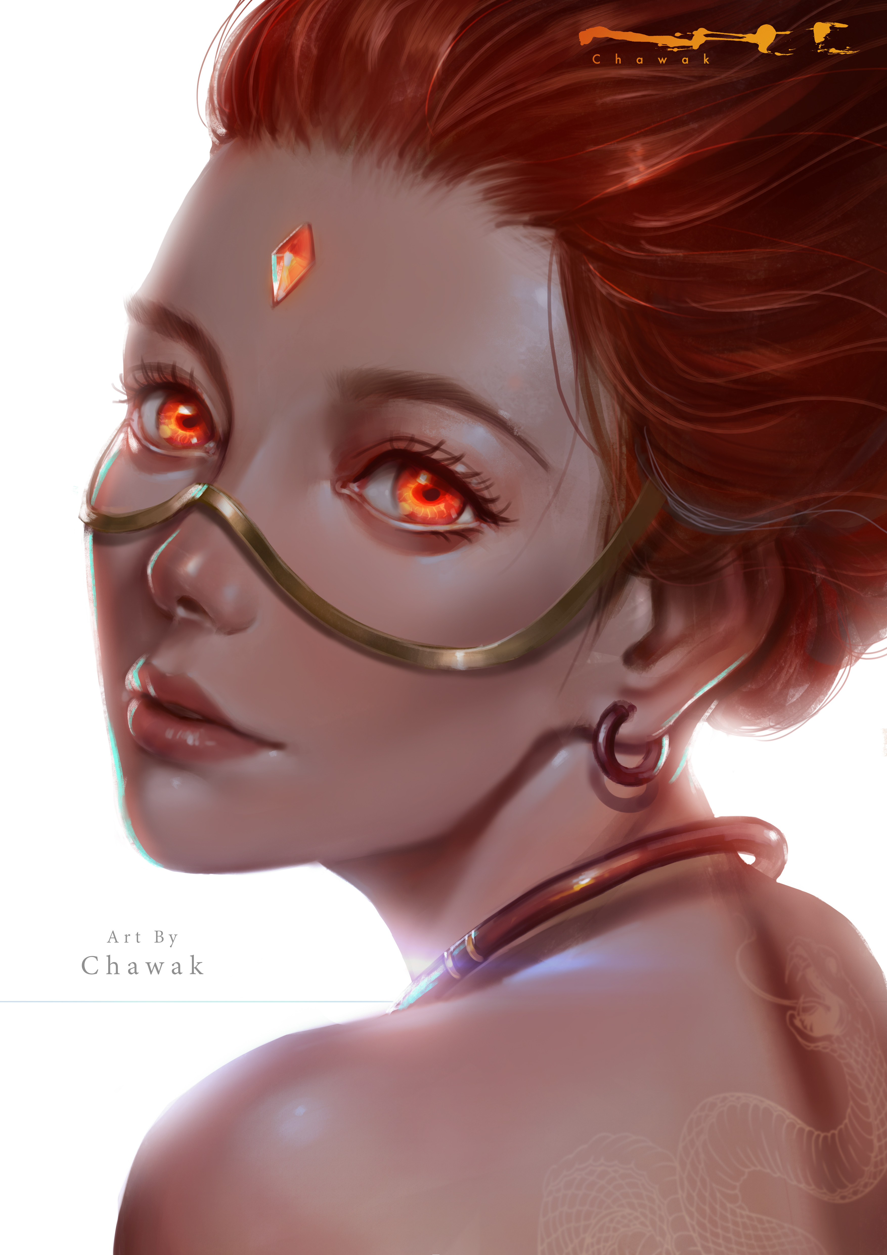 CHA WAK Looking Back Looking At Viewer Women White Background Back Redhead Red Eyes Portrait Display 3508x4961
