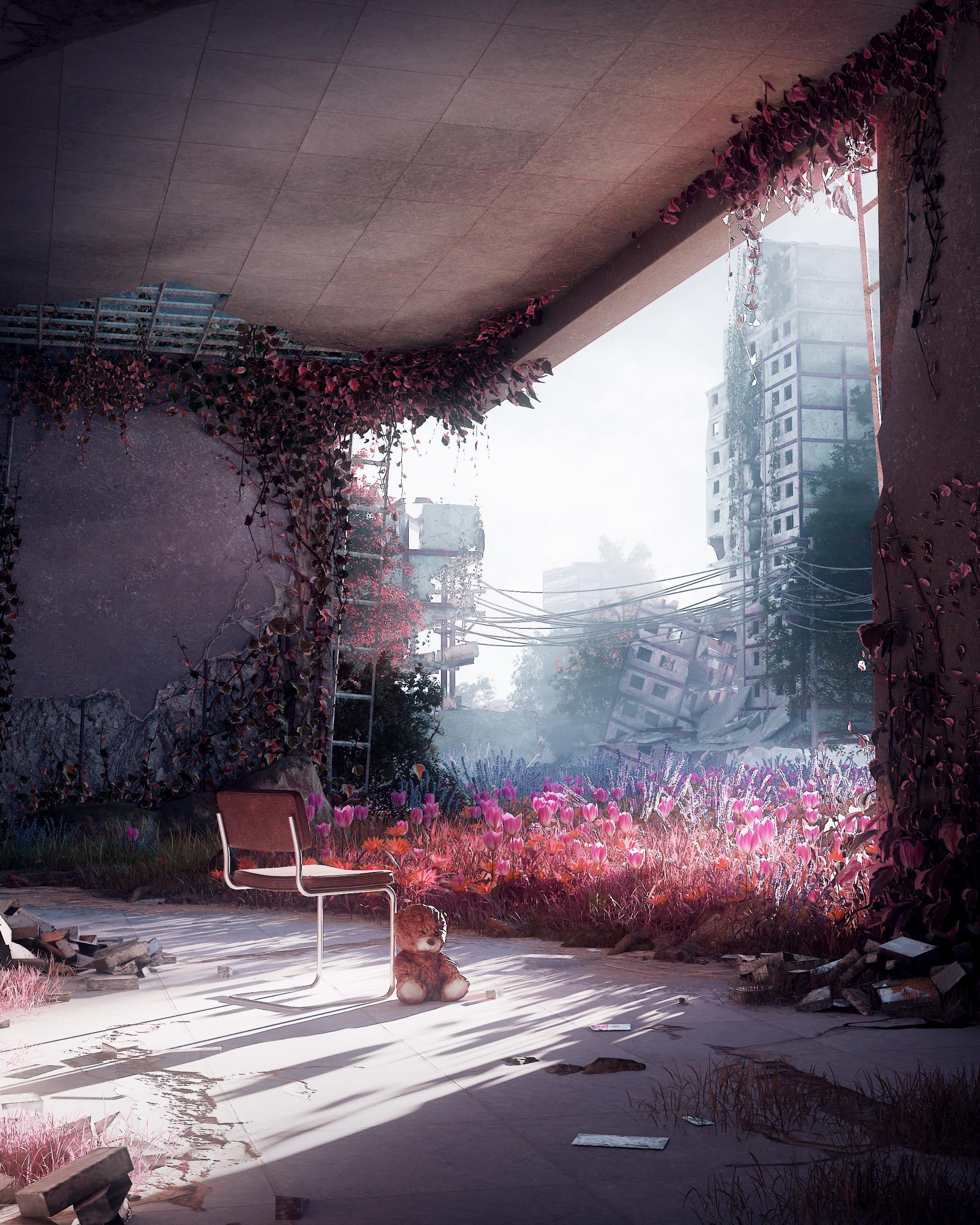 Artwork Digital Art Flowers Urban Decay Building Ruin Ruins Apocalyptic City Science Fiction Chair S 2160x2700