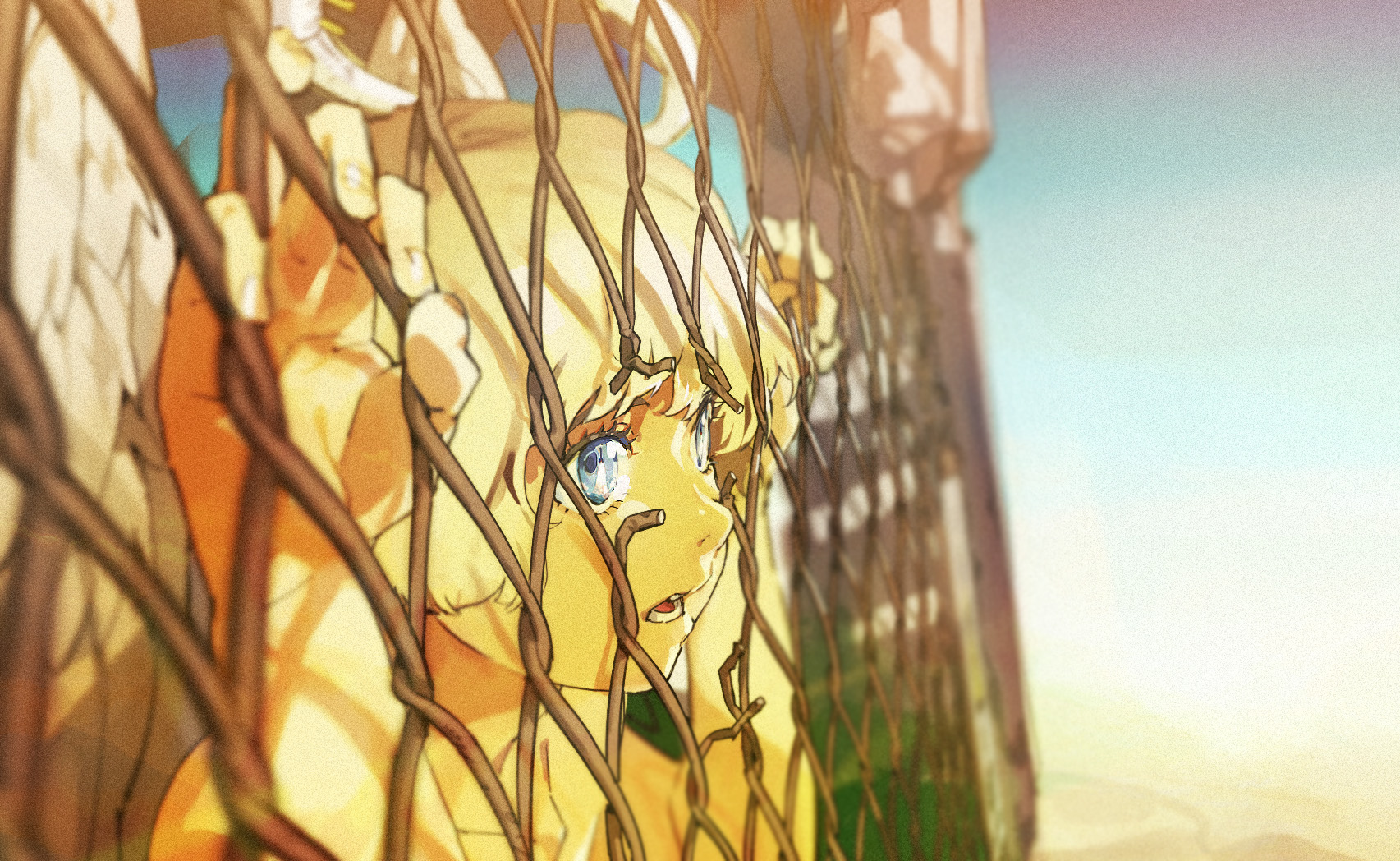 Anime Anime Girls Blonde Angel Wings Blue Eyes Short Hair Chain Link Fence Yoneyama Mai 1705x1048