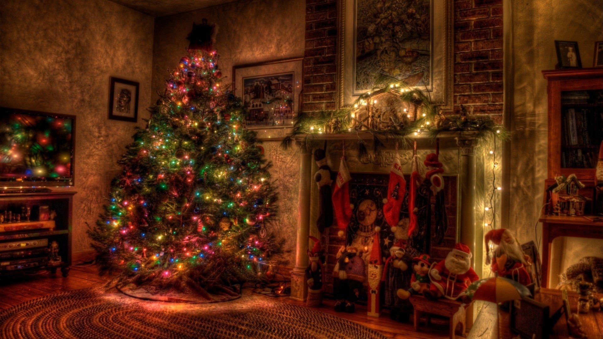 Christmas Tree Decoration Fireplace Hdr Light 1920x1080