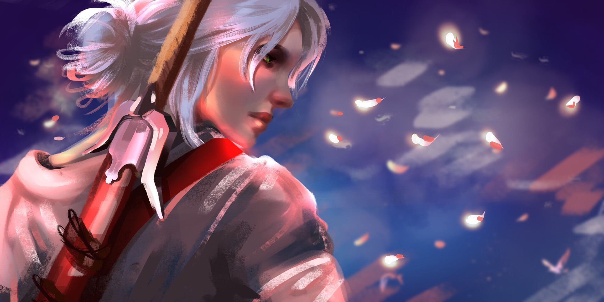 Meghan Quwo Fan Art Looking Back White Hair Video Games The Witcher Ciri The Witcher Cirilla Artwork 1920x960