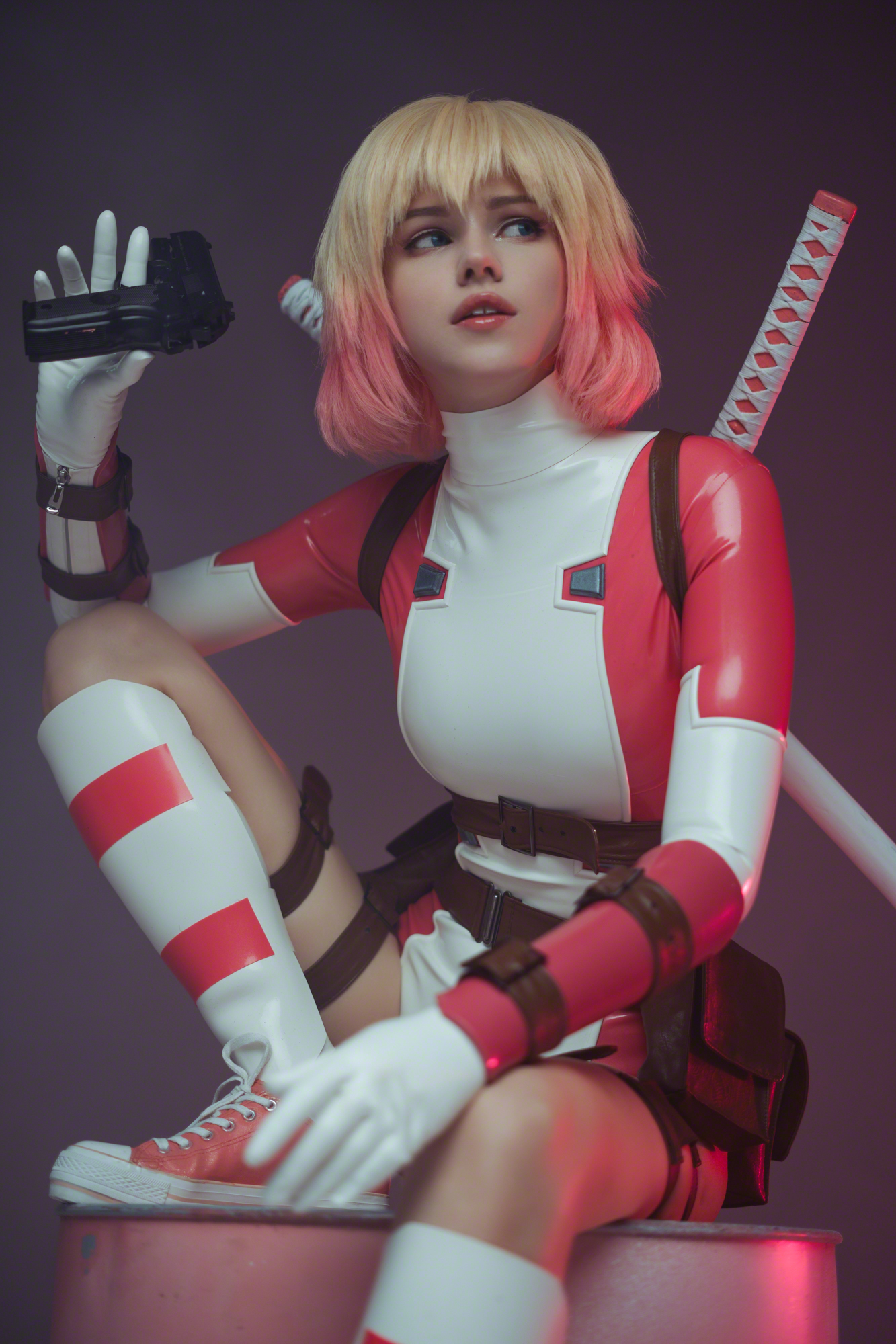 Women Model Indoors Women Indoors Cosplay Multicolored Hair Gwenpool Weapon Sitting Parted Lips Look 1333x2000