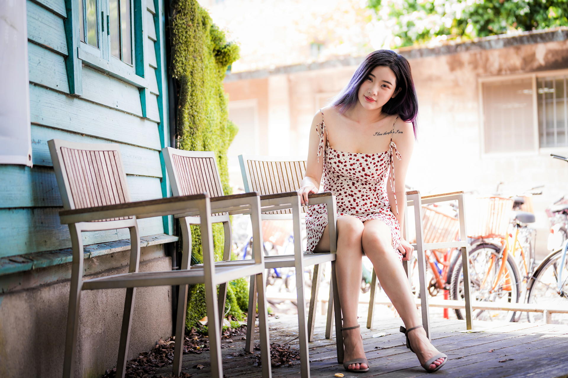 Asian Model Women Long Hair Brunette Barefoot Sandal Tattoo Sitting Chair Bicycle Depth Of Field Hed 1920x1279