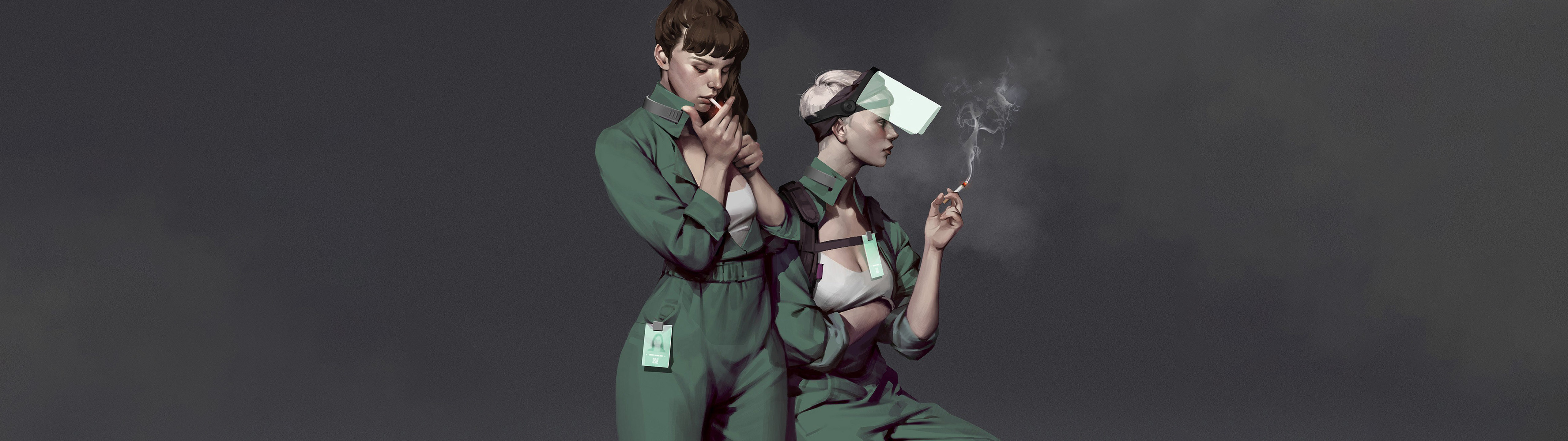 Ultrawide Digital Art Siwoo Kim Women Smoking Break Time 5120x1440