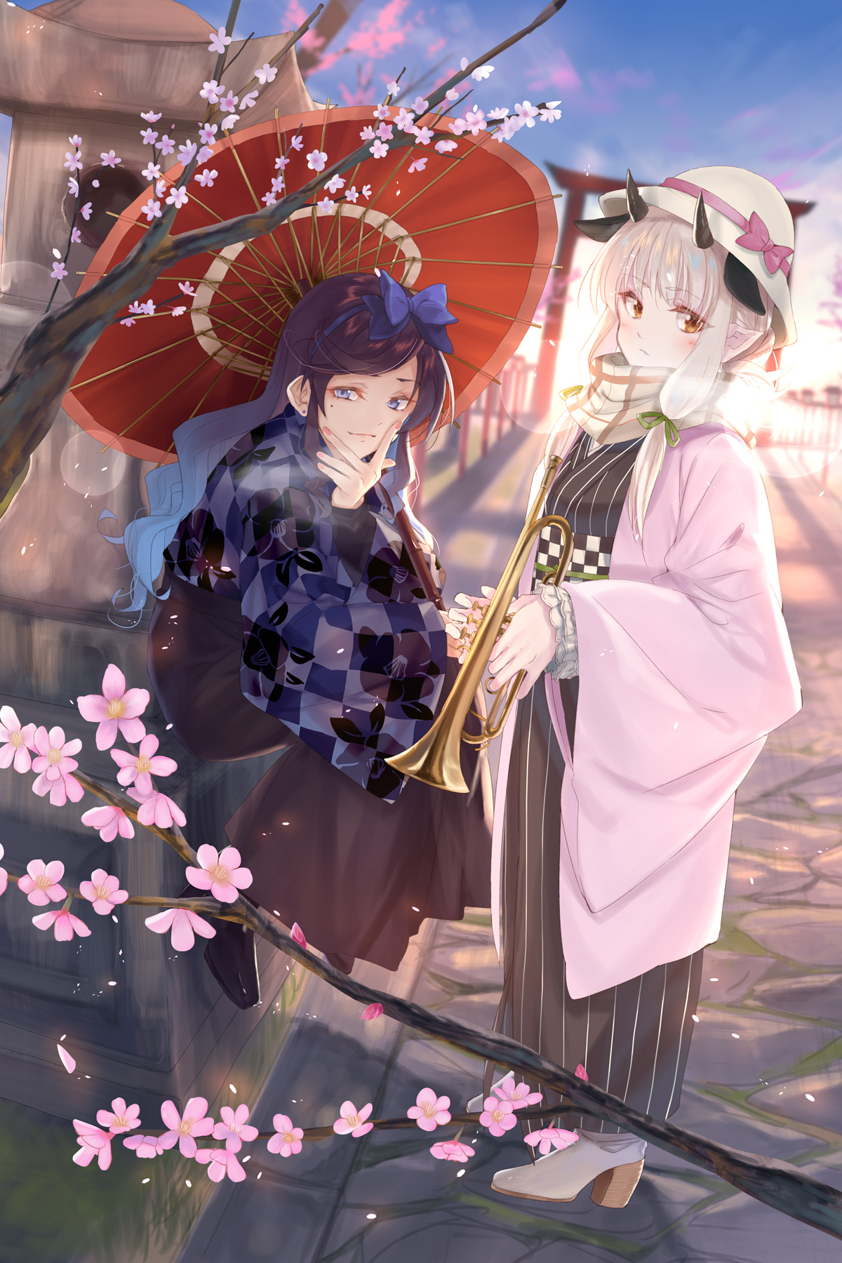 Anime Anime Girls Original Characters New Year Plum Tree Blossoms Kabocha Kimono Vertical Umbrella H 1200x1800