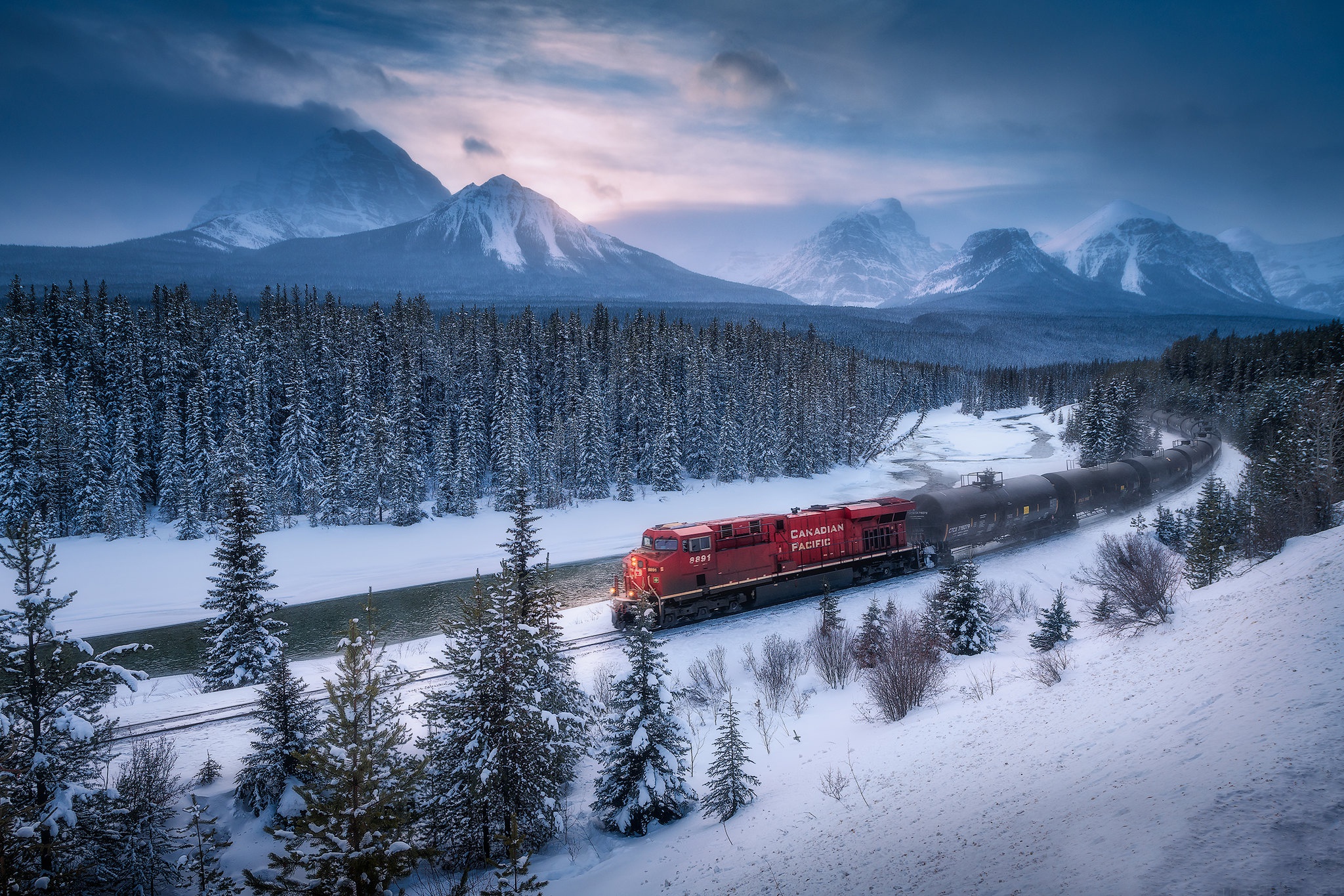 Banff National Park Canada Forest Mountain Snow Train Winter 2048x1365