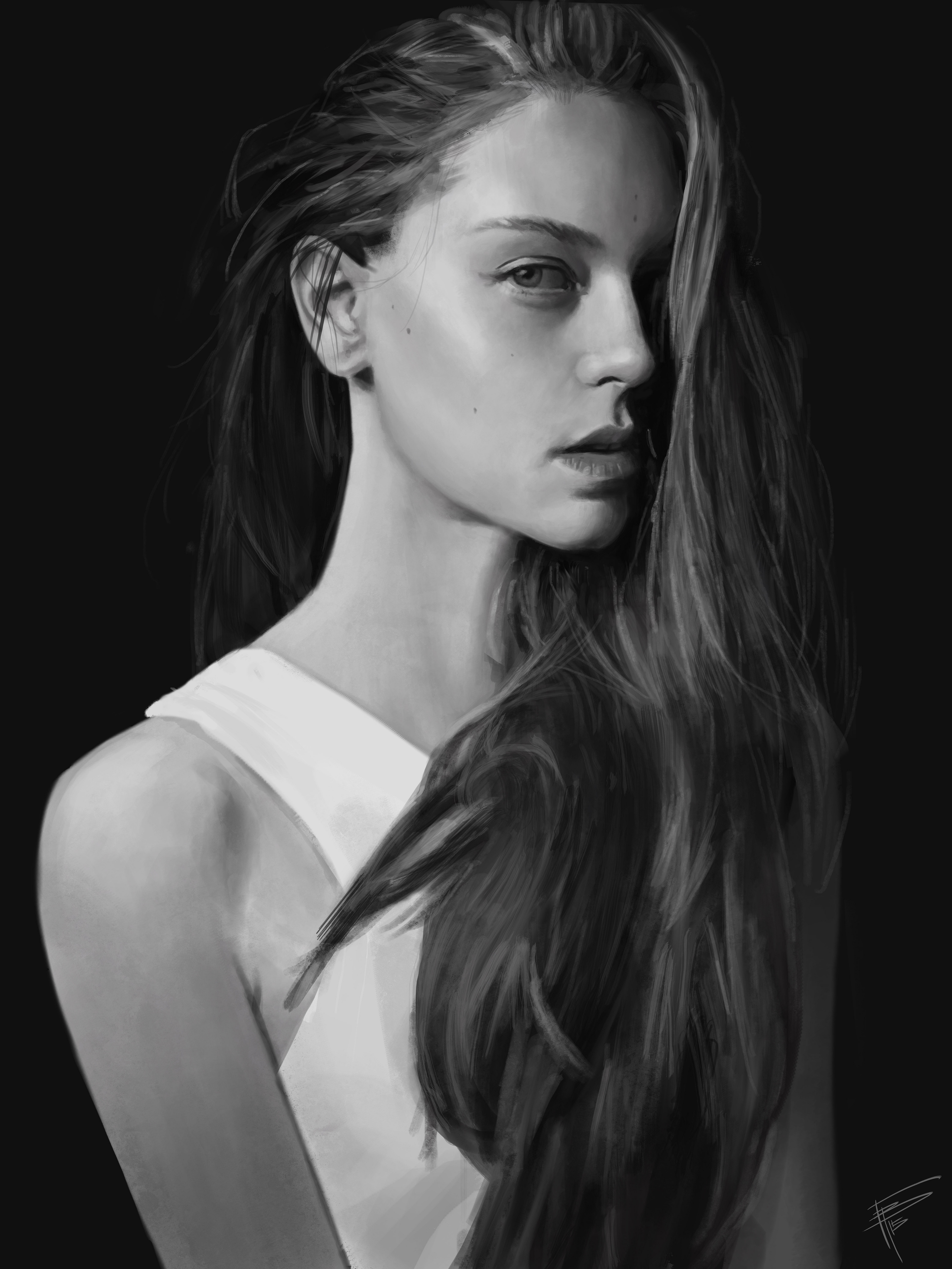 ArtStation Drawing Monochrome Hair In Face Looking At Viewer Women Portrait Portrait Display Digital 3840x5120