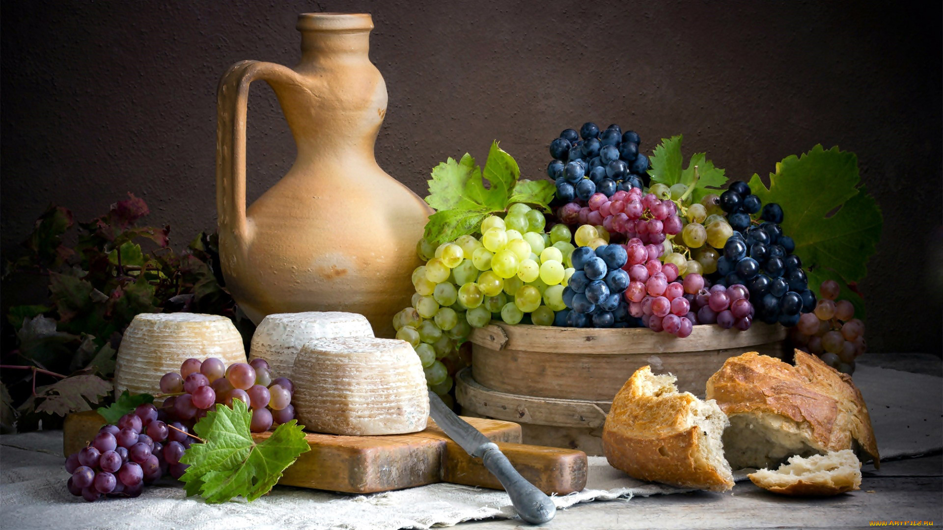 Still Life Food Cheese Fruit Berries Grapes Bread 1920x1080