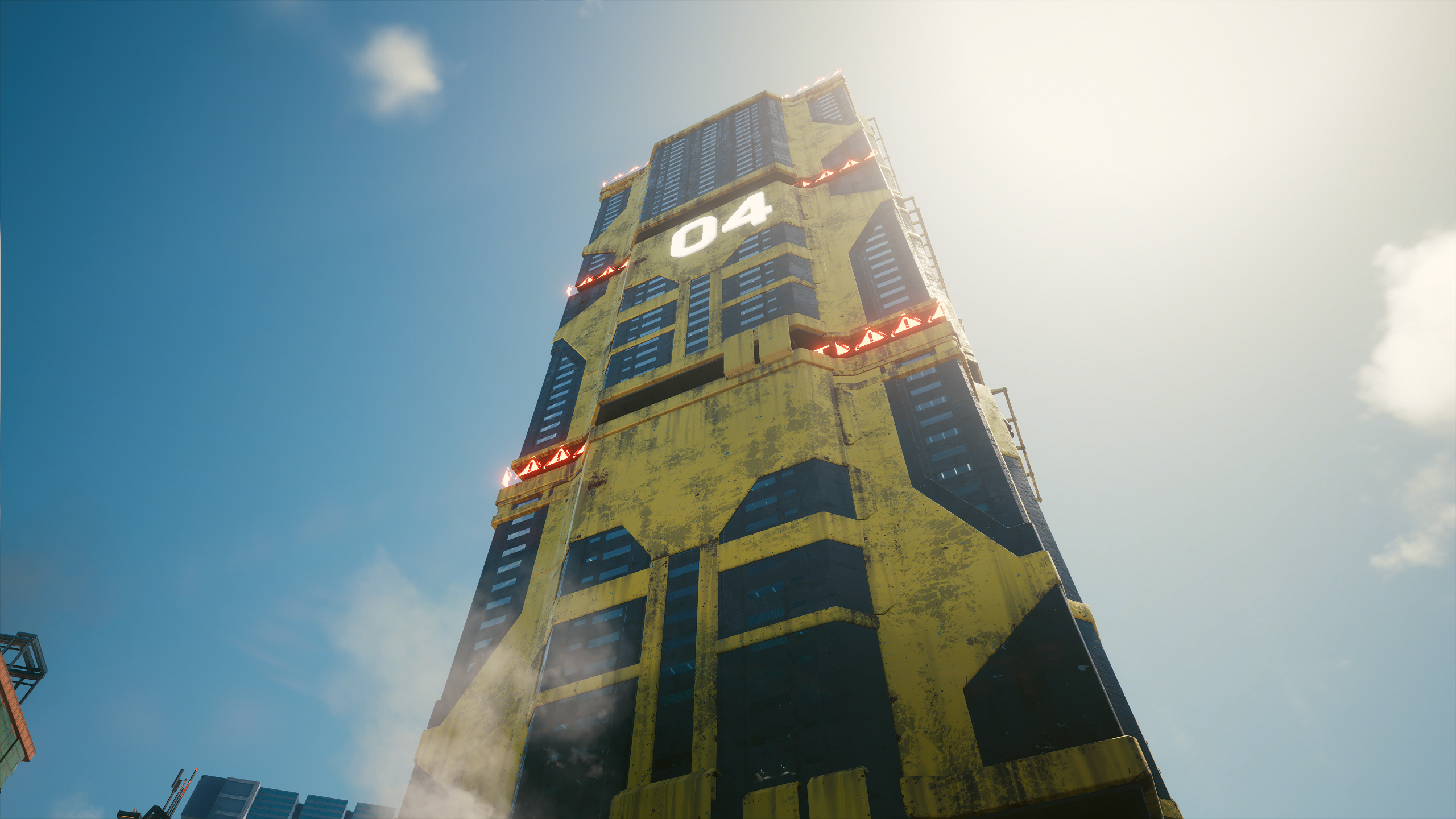 Cyberpunk 2077 Building Sunlight Apartments Clouds Futuristic Low Angle 2560x1440