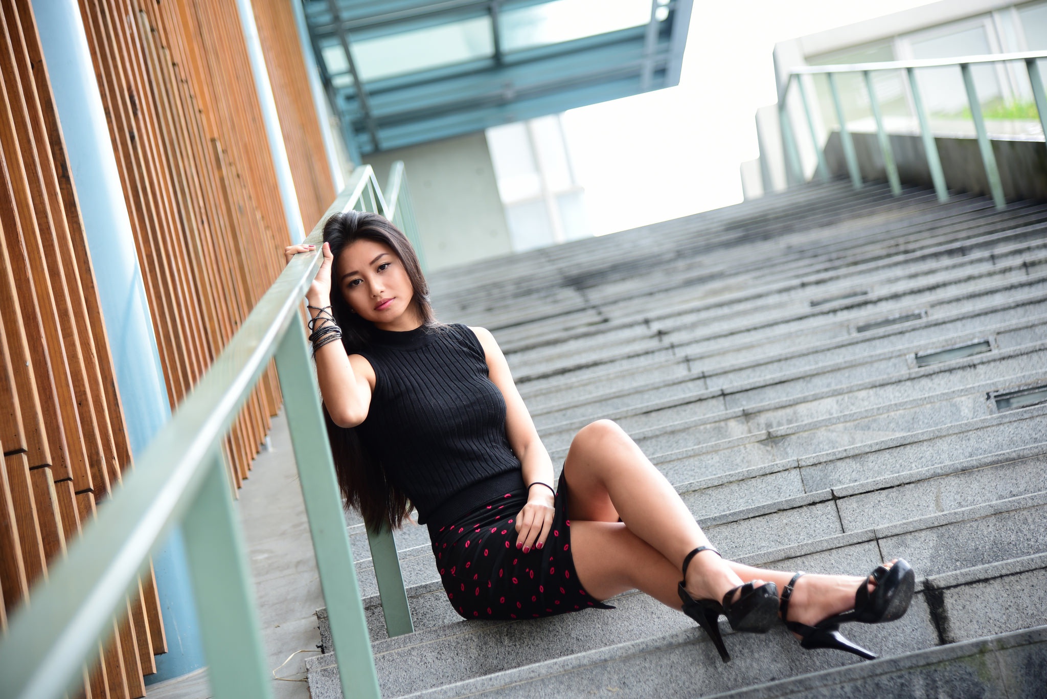 Asian Brown Eyes Brunette Girl Long Hair Model Skirt Steps Woman 2048x1367