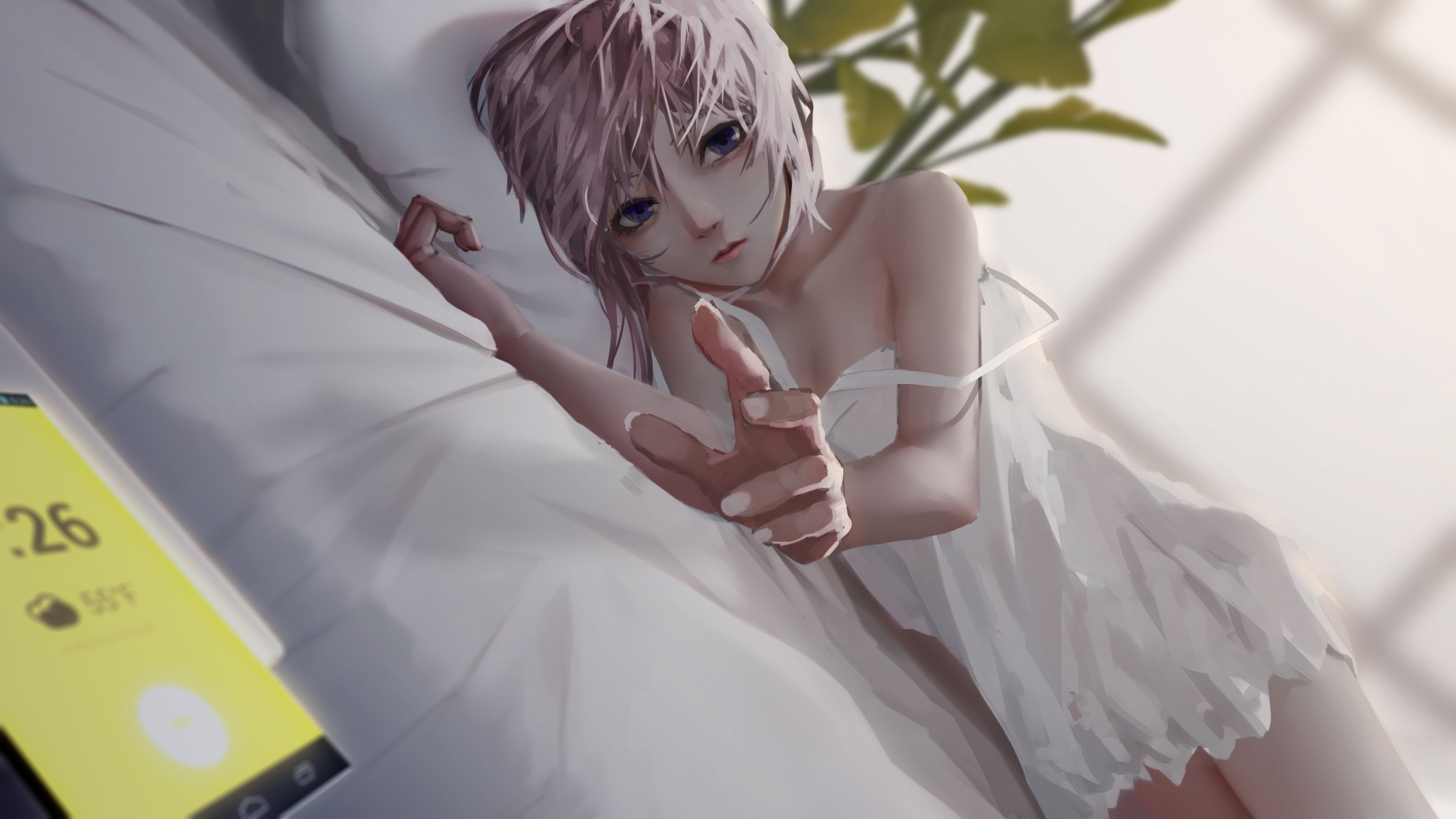 Anime Girls Original Characters Laxy In Bed Purple Eyes Long Nails Short Hair Cellphone 2400x1350