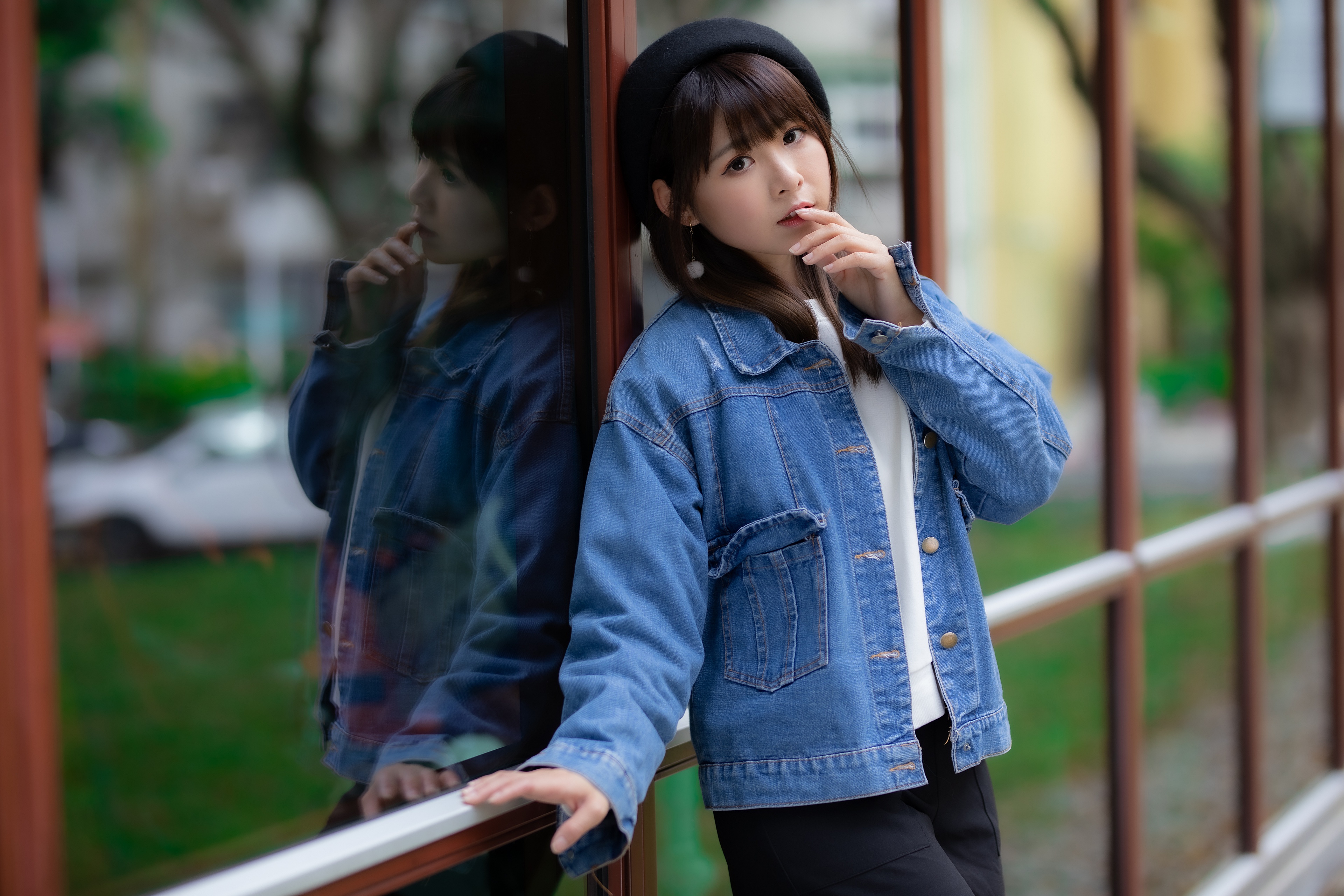 Asian Model Women Brunette Long Hair Black Pants Jeans Jacket White Shirt Berets Leaning Window Earr 3840x2560