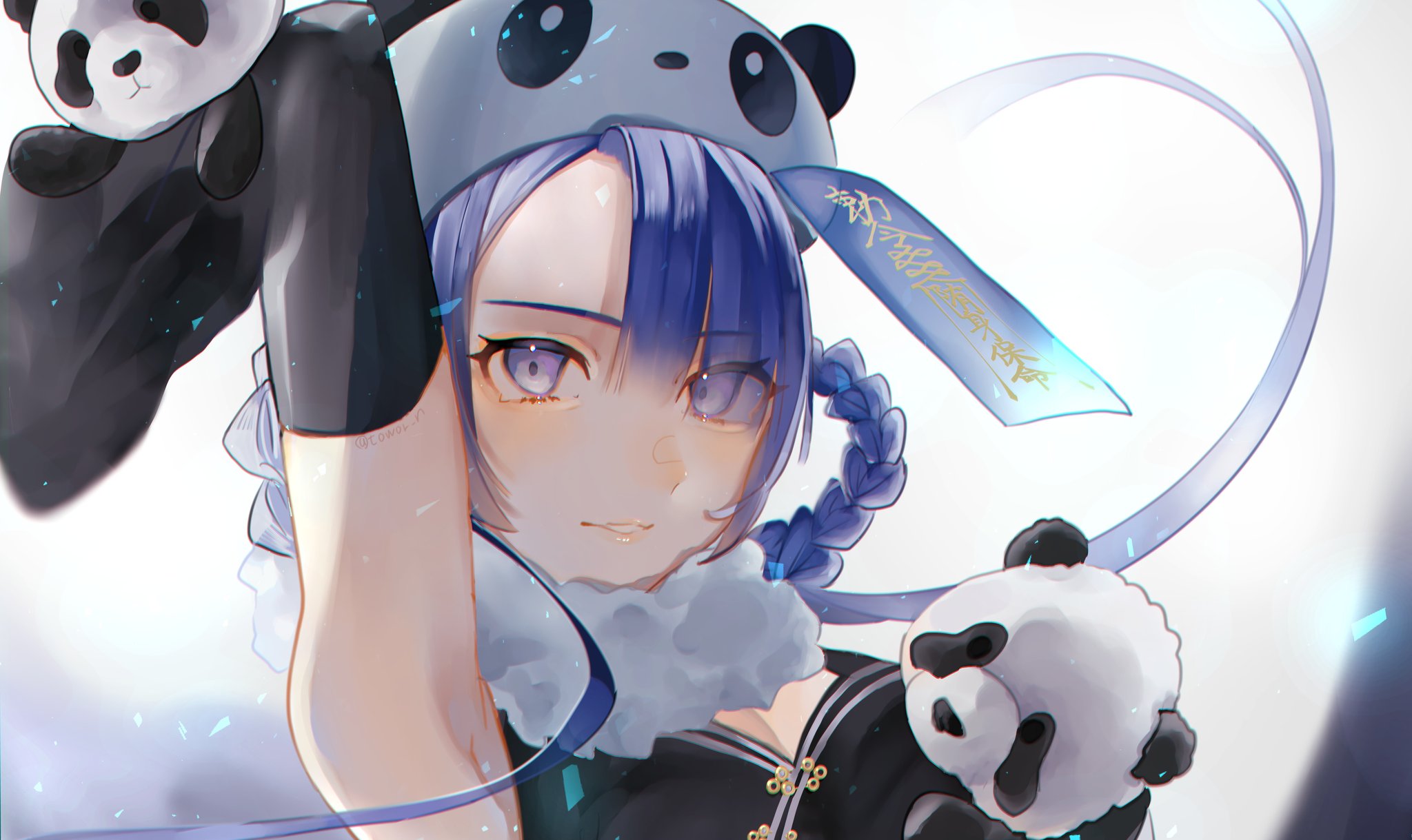 Anime Anime Girls Blue Hair Blue Eyes Hat Toys Ribbons Gloves Smiling Towor N 2048x1219