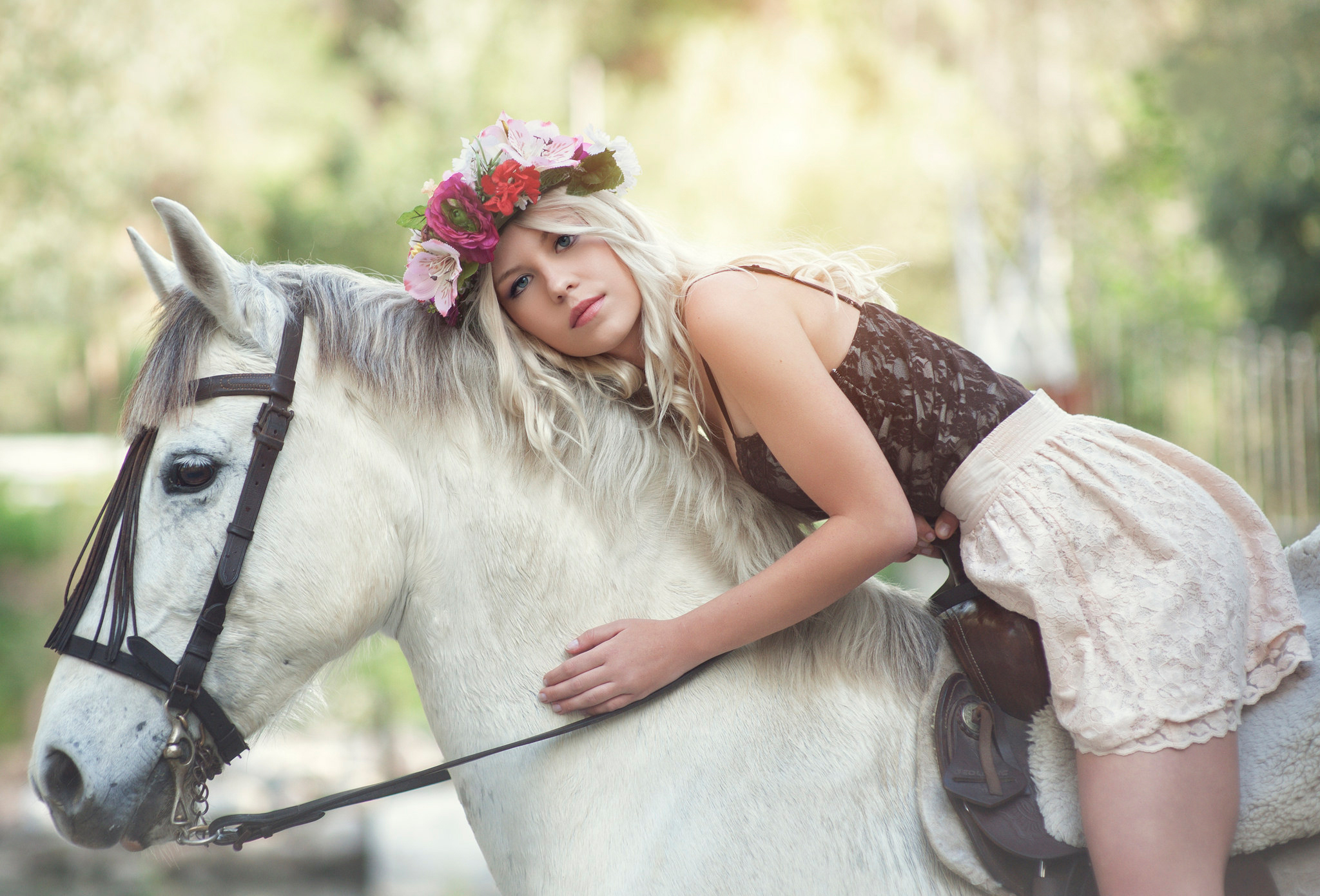 Blonde Blue Eyes Depth Of Field Girl Horse Woman Wreath 2048x1392